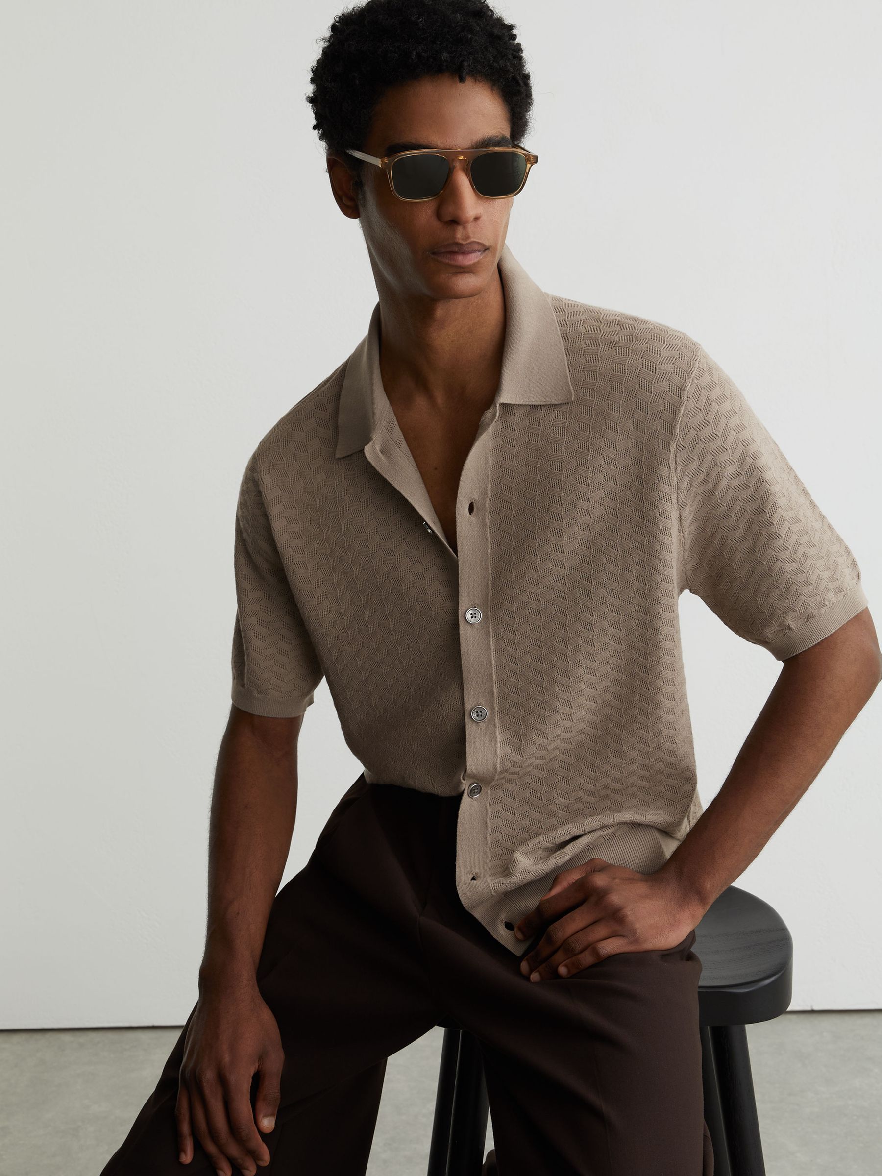 Textured-Knit Button-Through Shirt in Taupe Brown - image 2