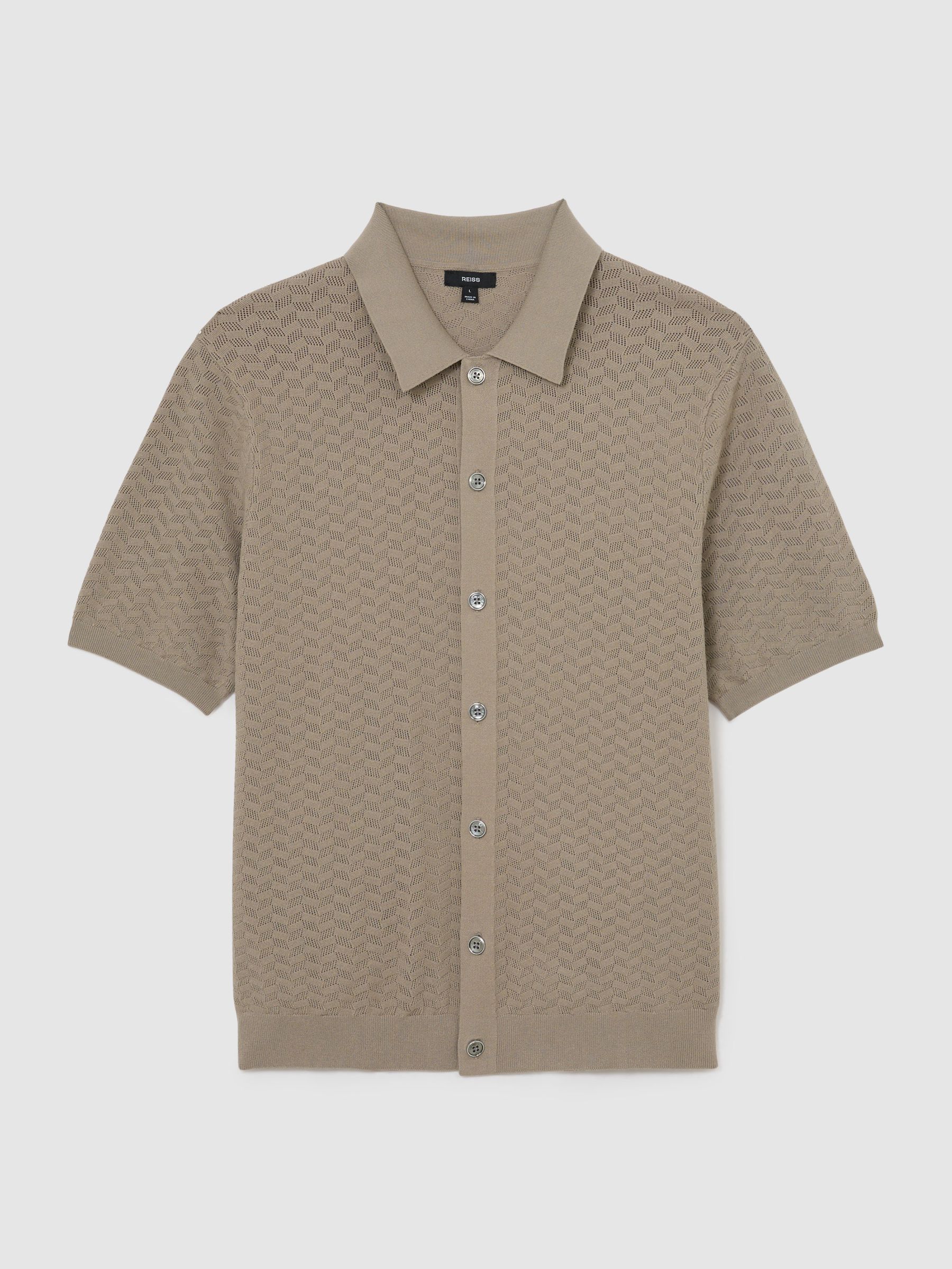 Textured-Knit Button-Through Shirt in Taupe Brown - image 1