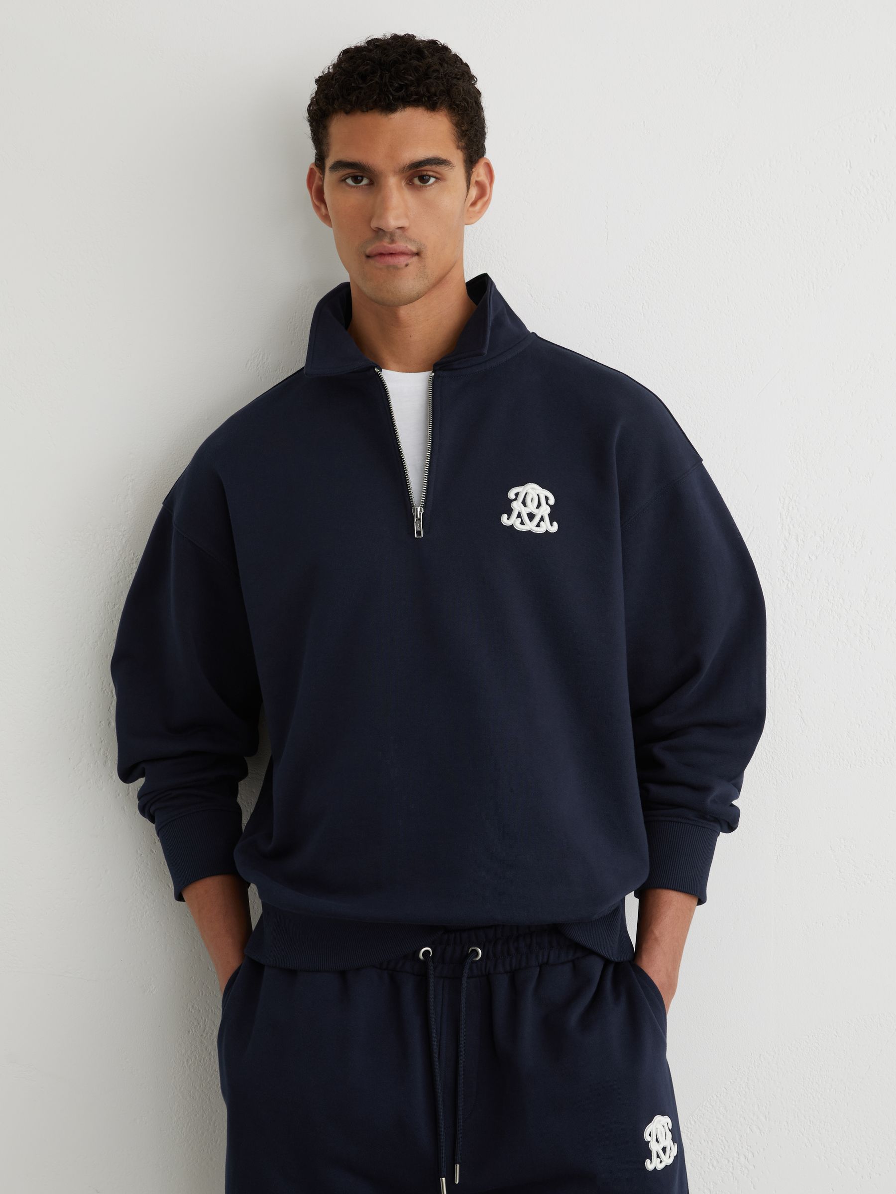 Monogram Relaxed Half-Zip Sweatshirt in Navy - Image 1 of 6