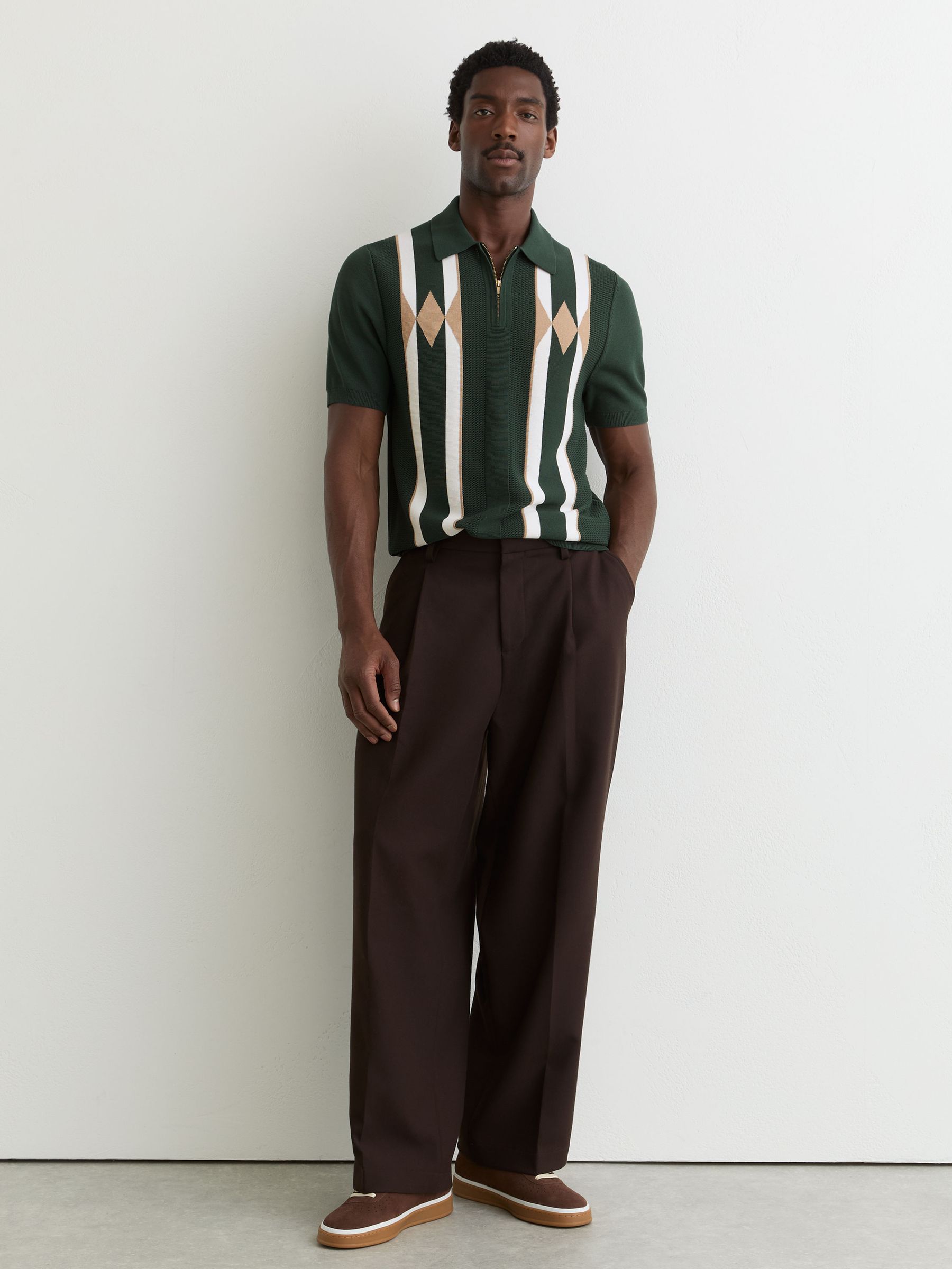Argyle Half-Zip Knitted Polo Shirt in Dark Green - Image 1 of 6