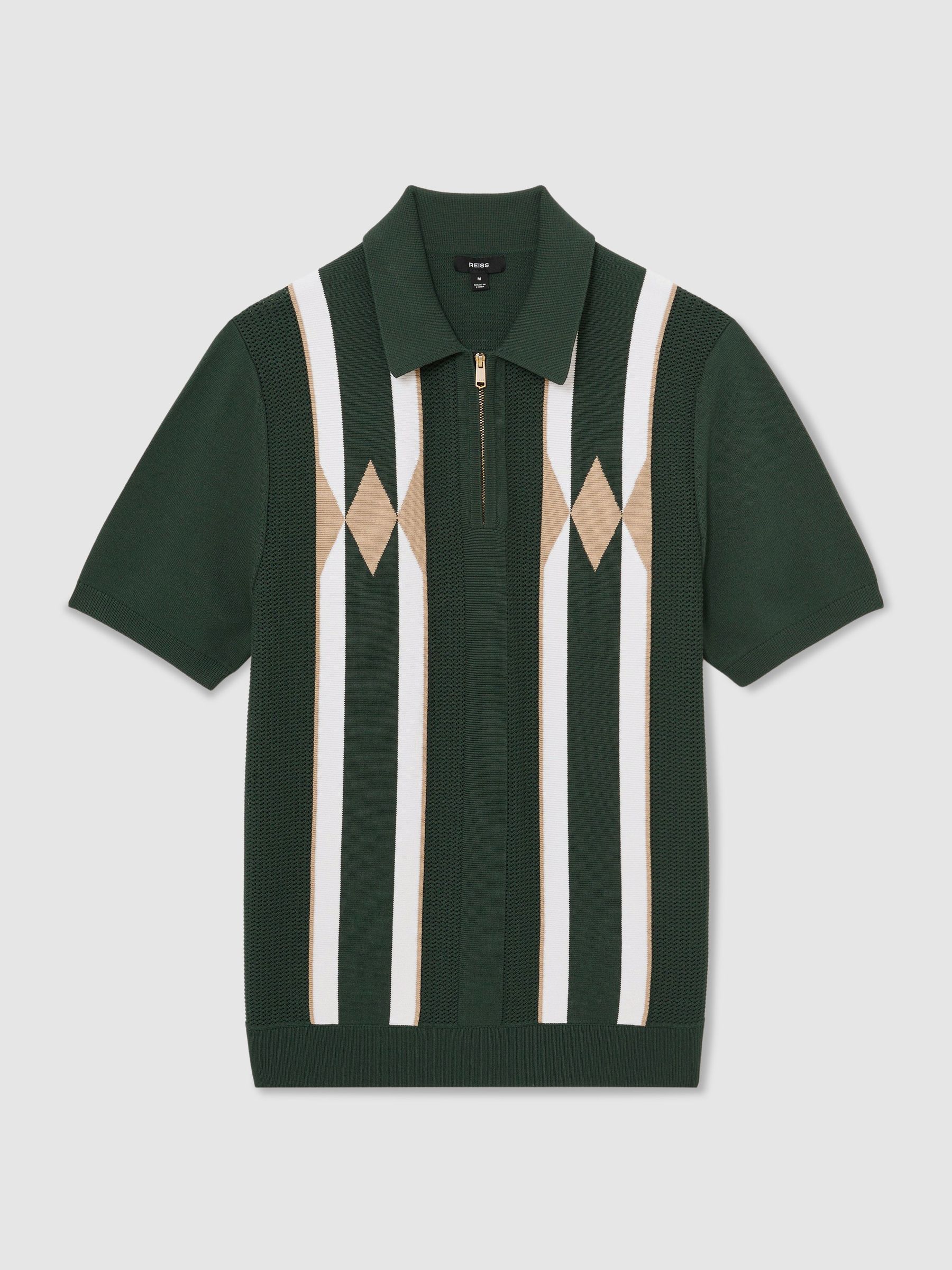 Argyle Half-Zip Knitted Polo Shirt in Dark Green - image 1