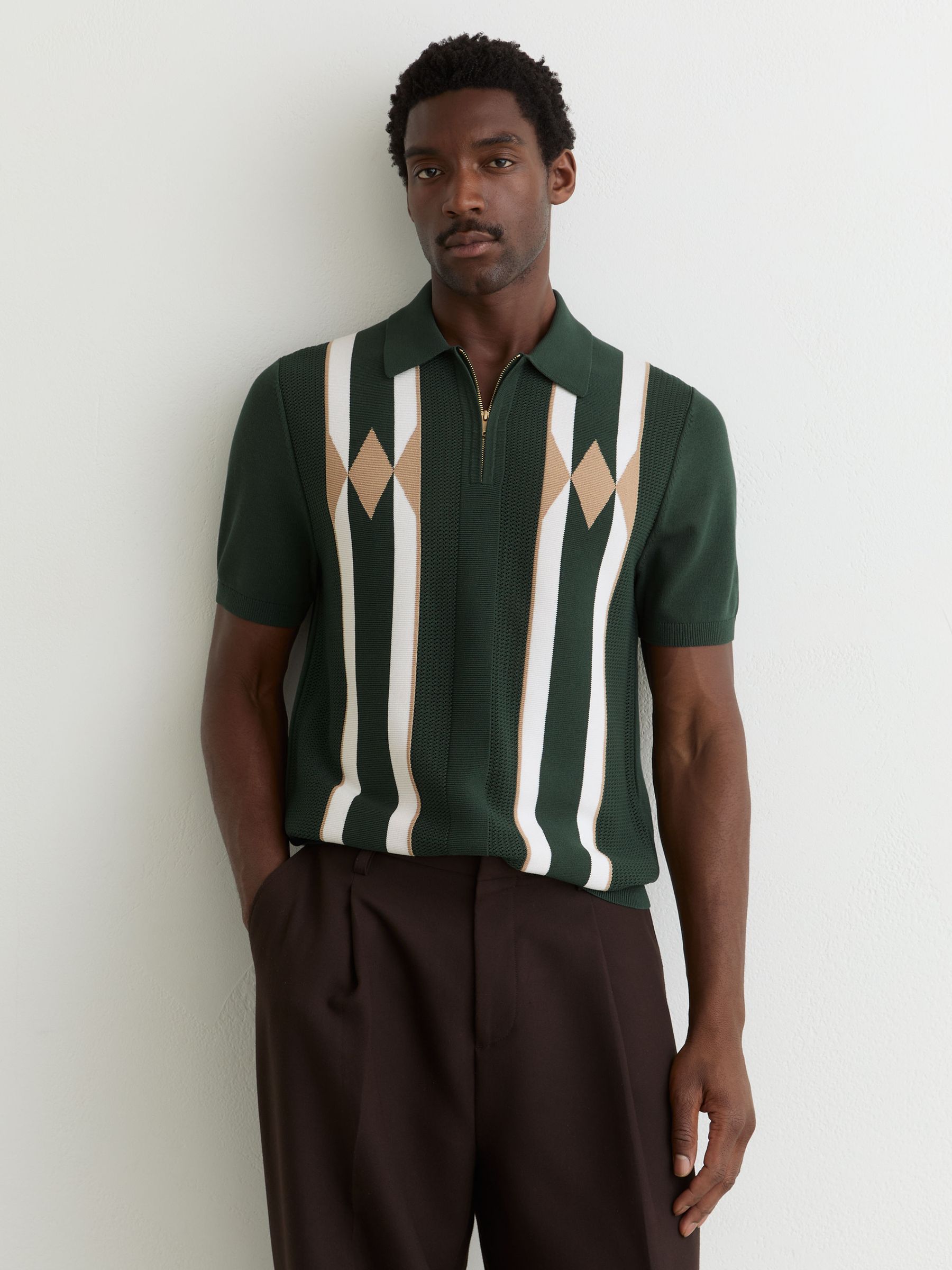 Argyle Half-Zip Knitted Polo Shirt in Dark Green - Image 3 of 6