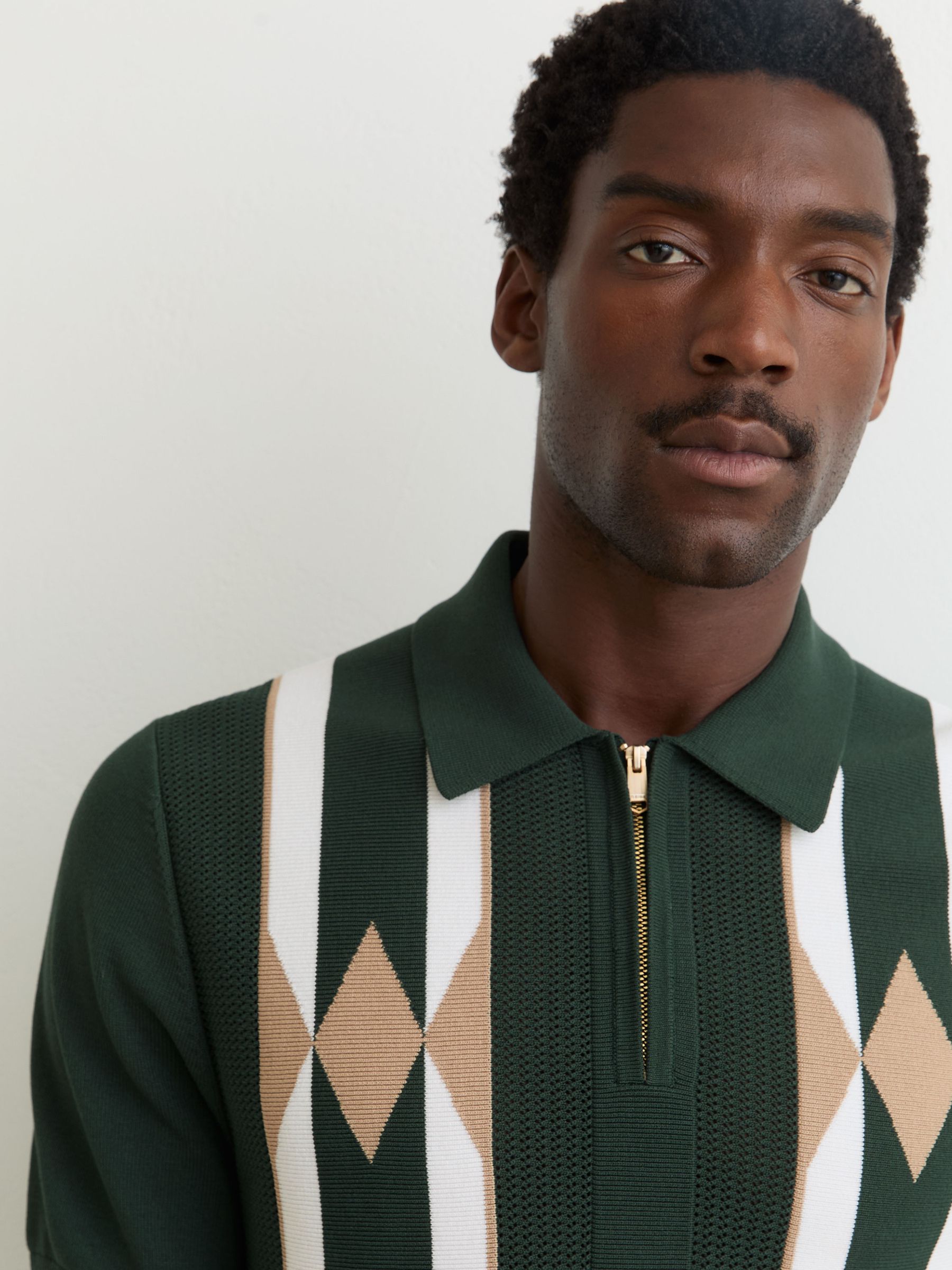 Argyle Half-Zip Knitted Polo Shirt in Dark Green - Image 4 of 6
