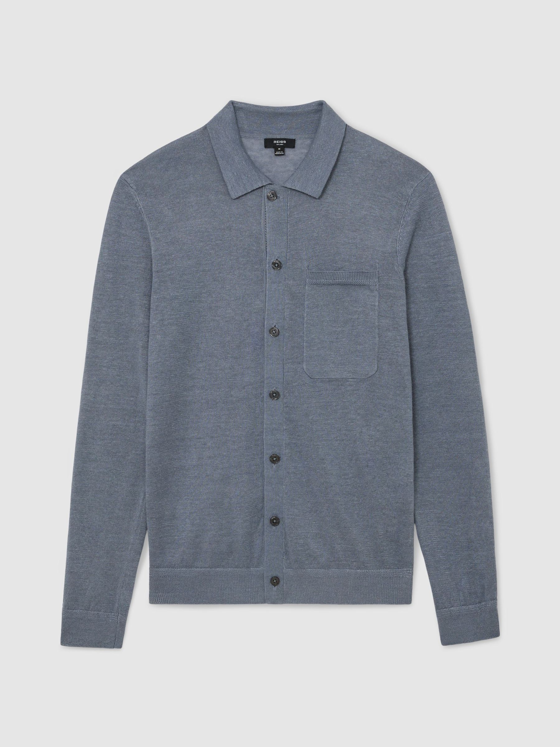 Linen Button-Through Collared Cardigan in Airforce Blue - Image 2 of 6