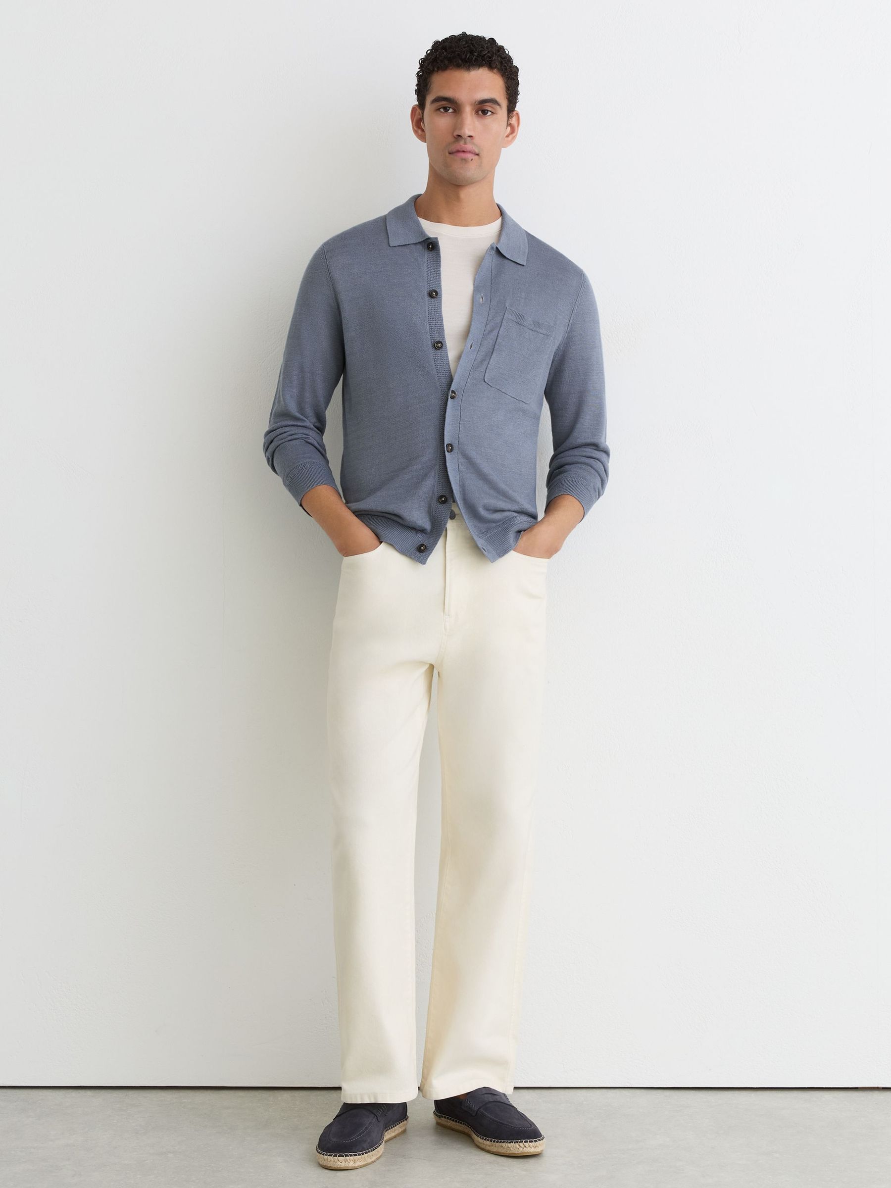 Linen Button-Through Collared Cardigan in Airforce Blue - Image 4 of 6