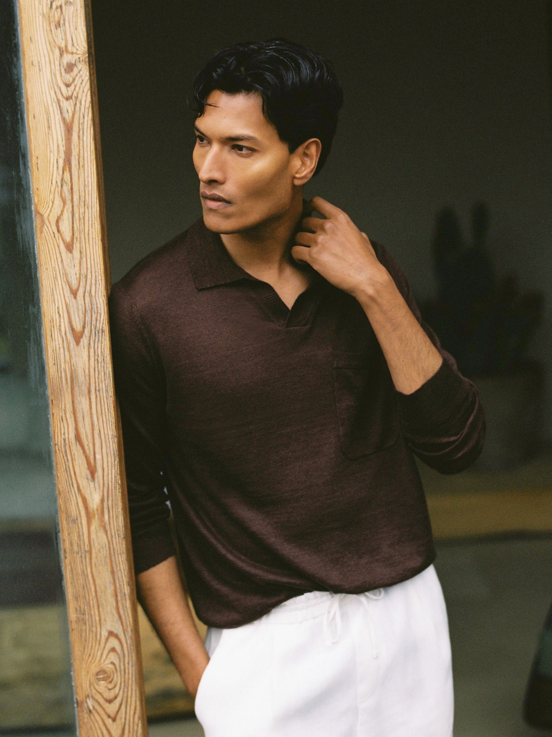 Linen Open-Collar Regular-Fit Polo Shirt in Chocolate Brown - image 3