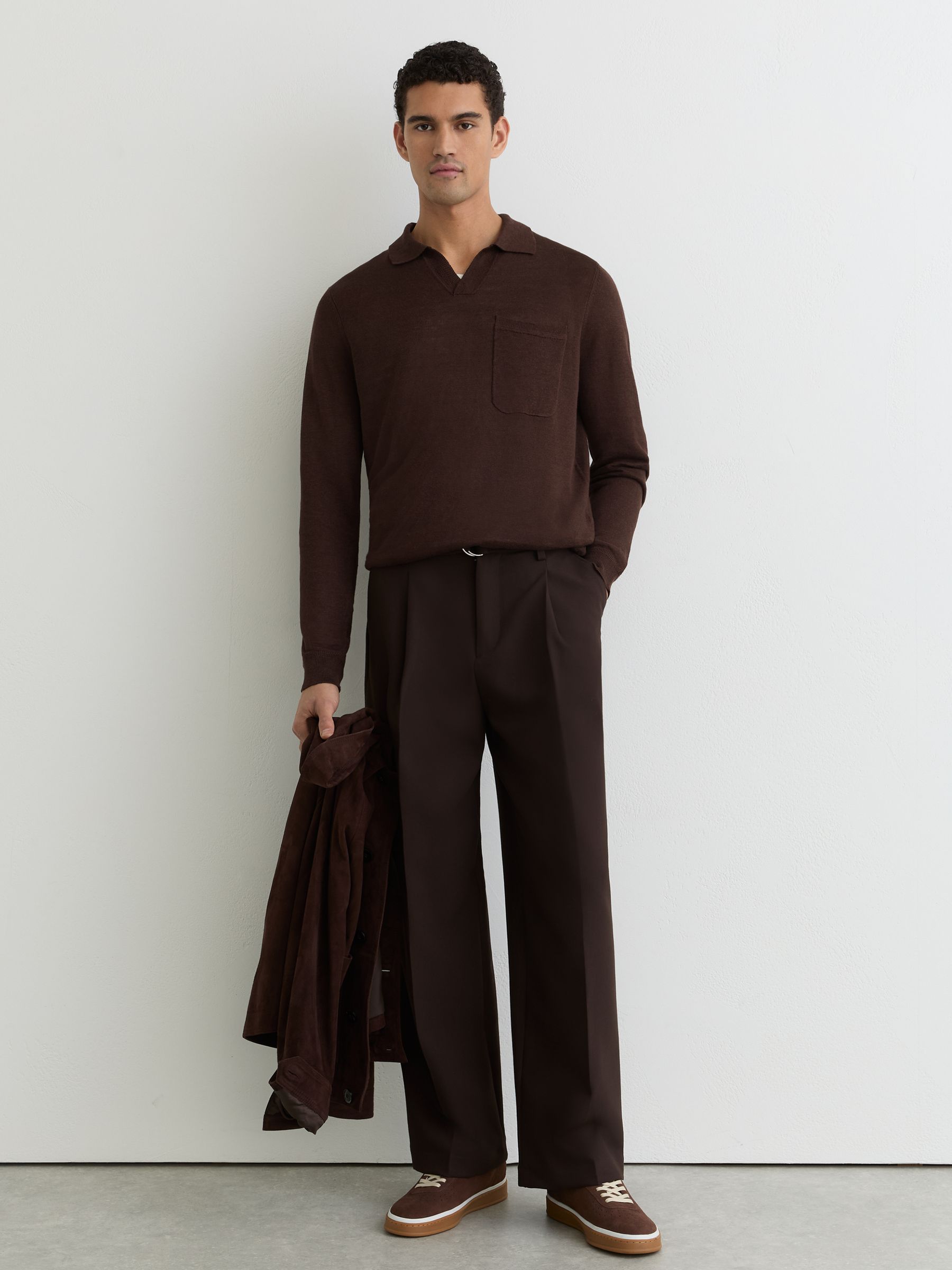 Linen Open-Collar Regular-Fit Polo Shirt in Chocolate Brown - Image 1 of 6