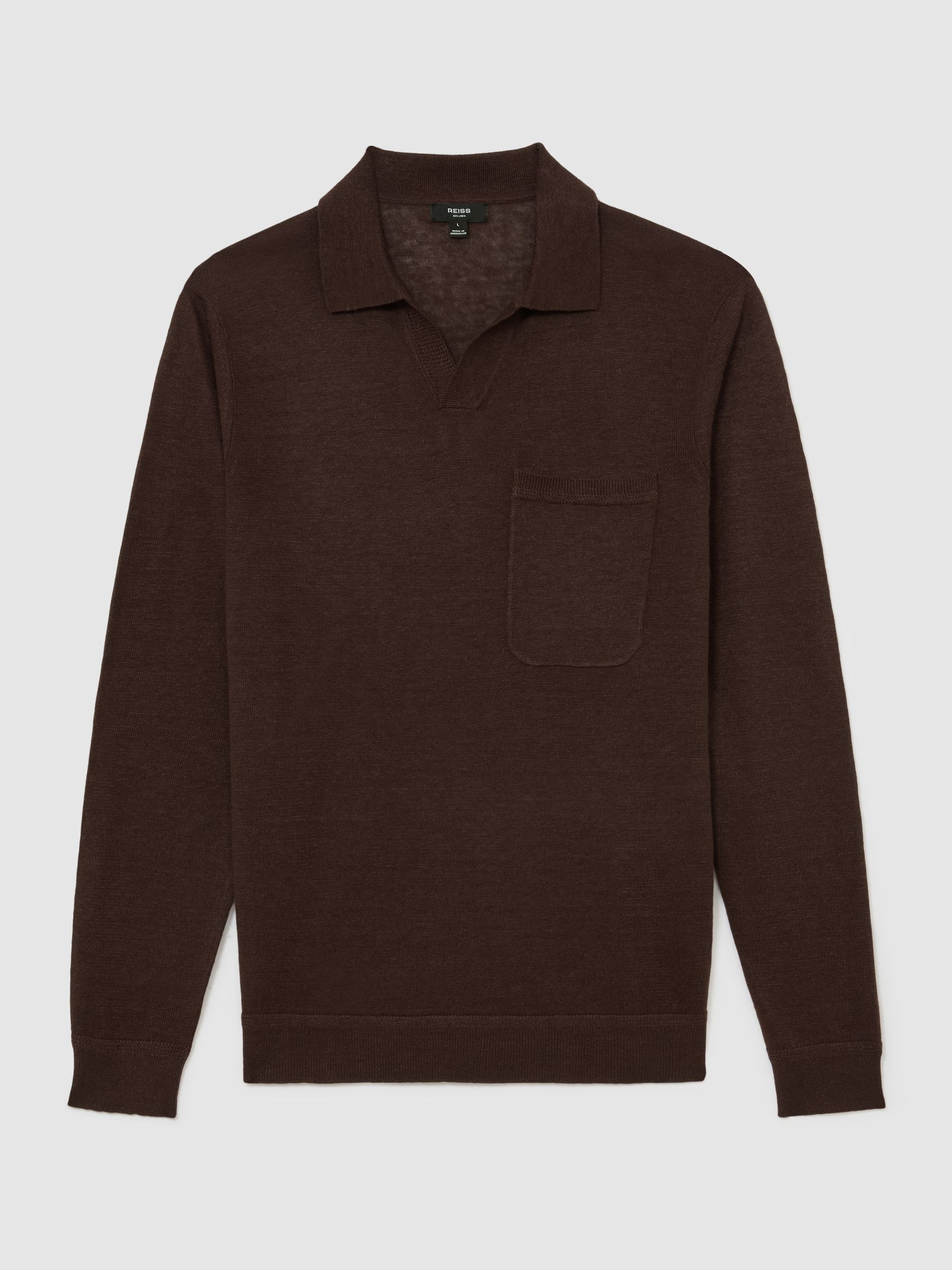 Linen Open-Collar Regular-Fit Polo Shirt in Chocolate Brown - image 1