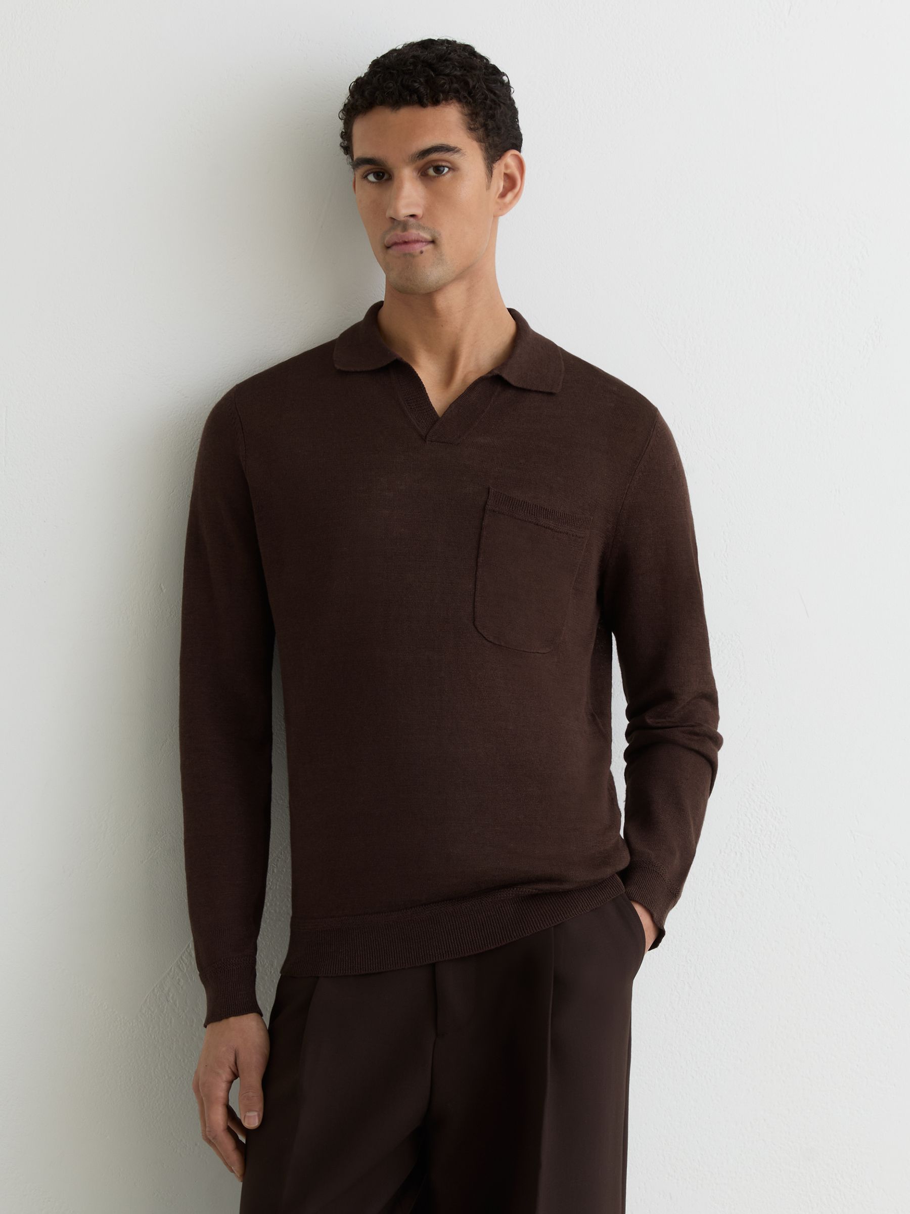 Linen Open-Collar Regular-Fit Polo Shirt in Chocolate Brown - Image 3 of 6