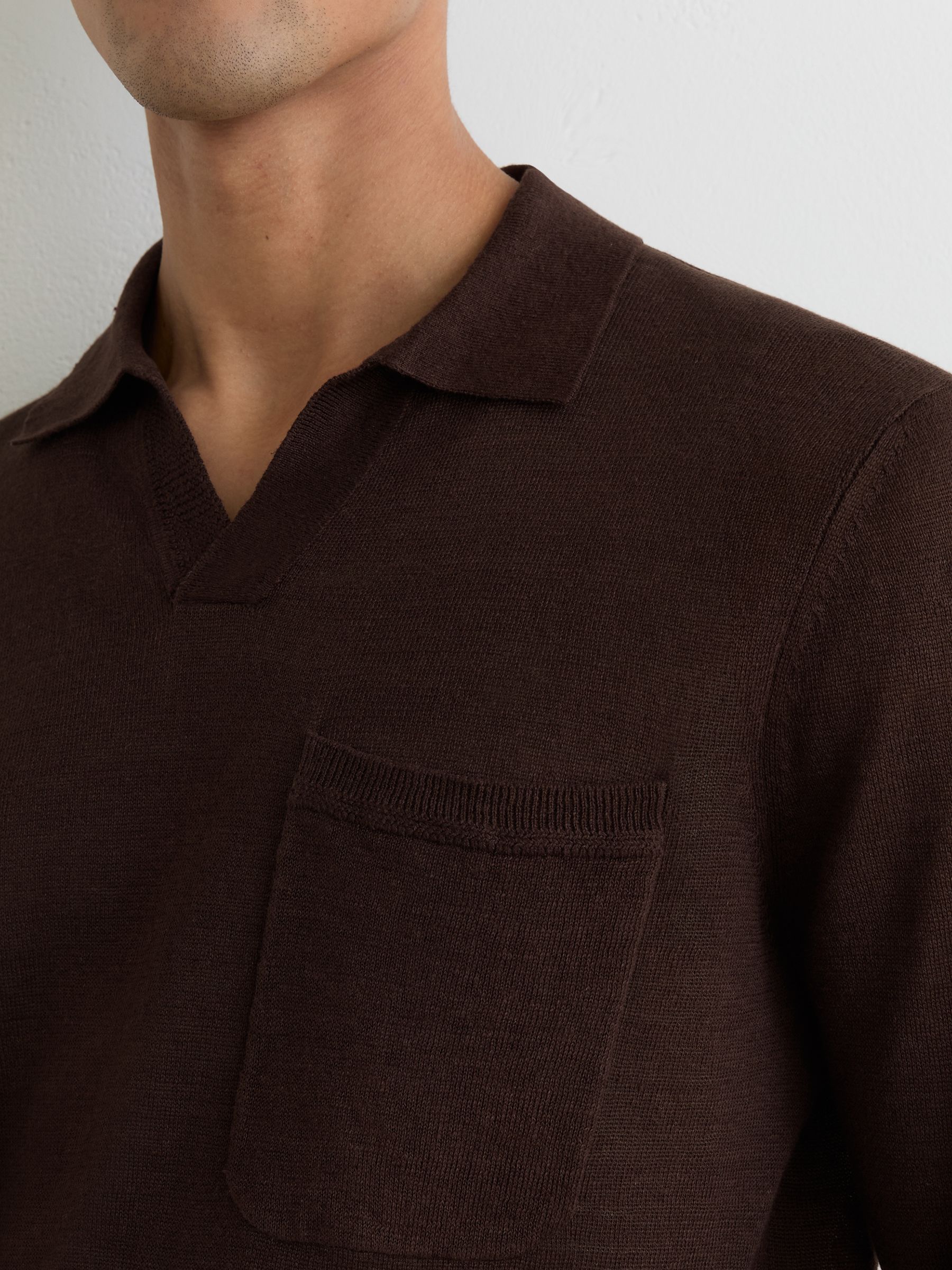 Linen Open-Collar Regular-Fit Polo Shirt in Chocolate Brown - Image 4 of 6