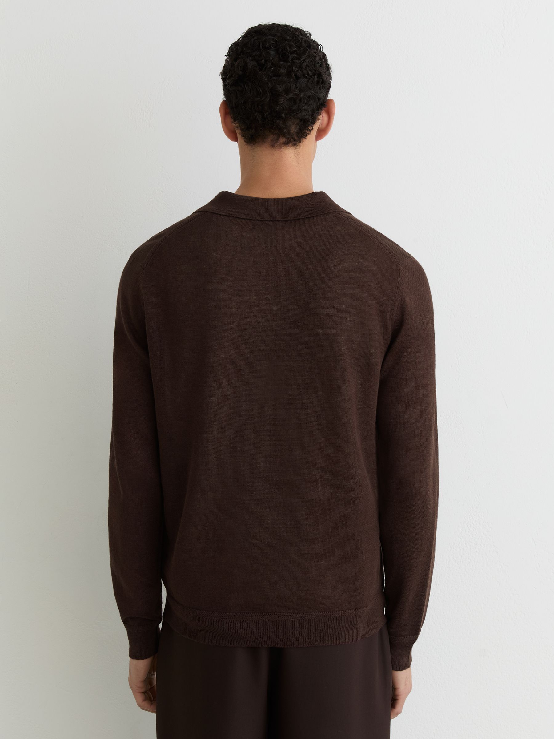 Linen Open-Collar Regular-Fit Polo Shirt in Chocolate Brown - Image 5 of 6