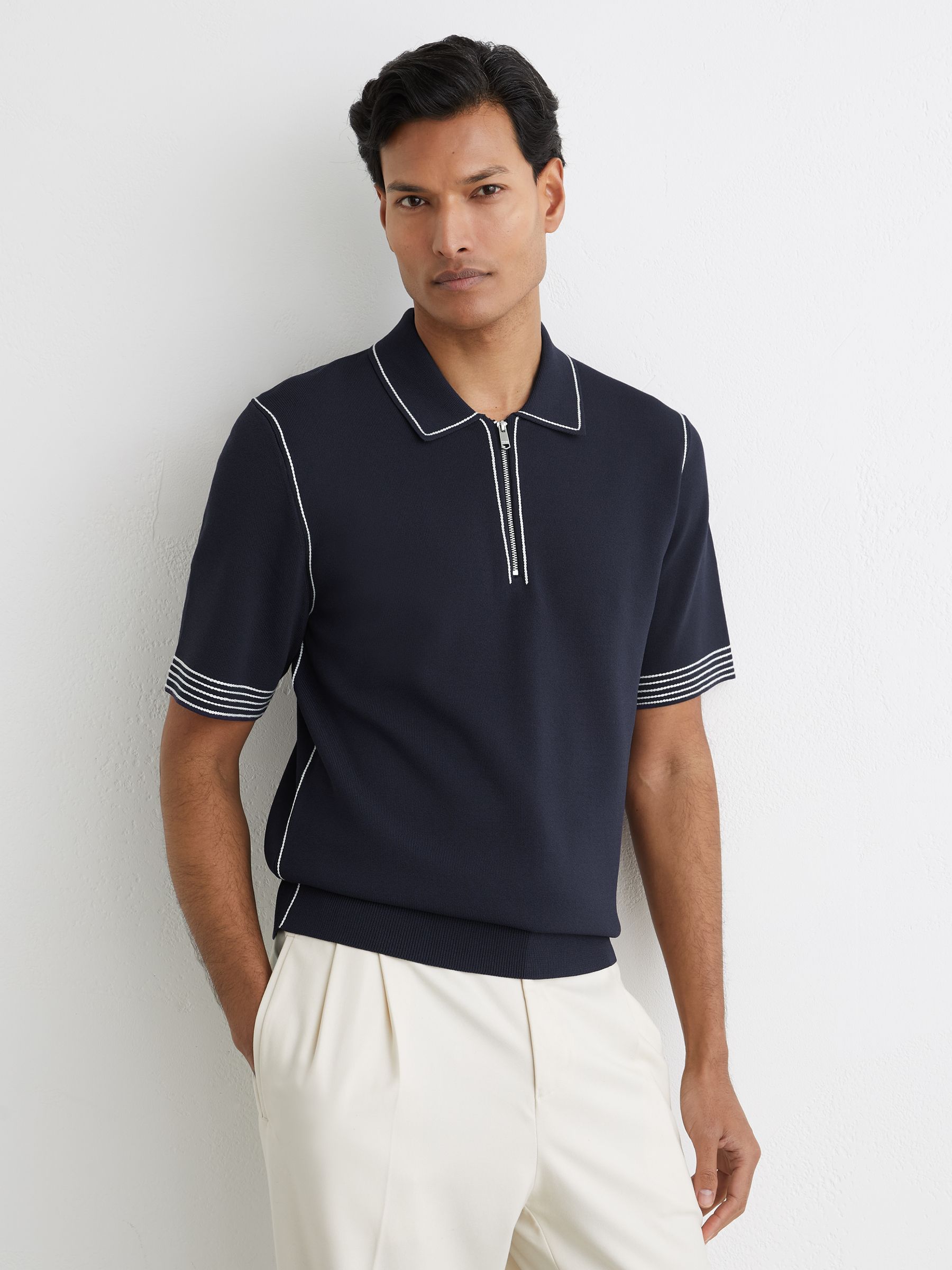 Stitch-Detail Half-Zip Polo Shirt in Navy