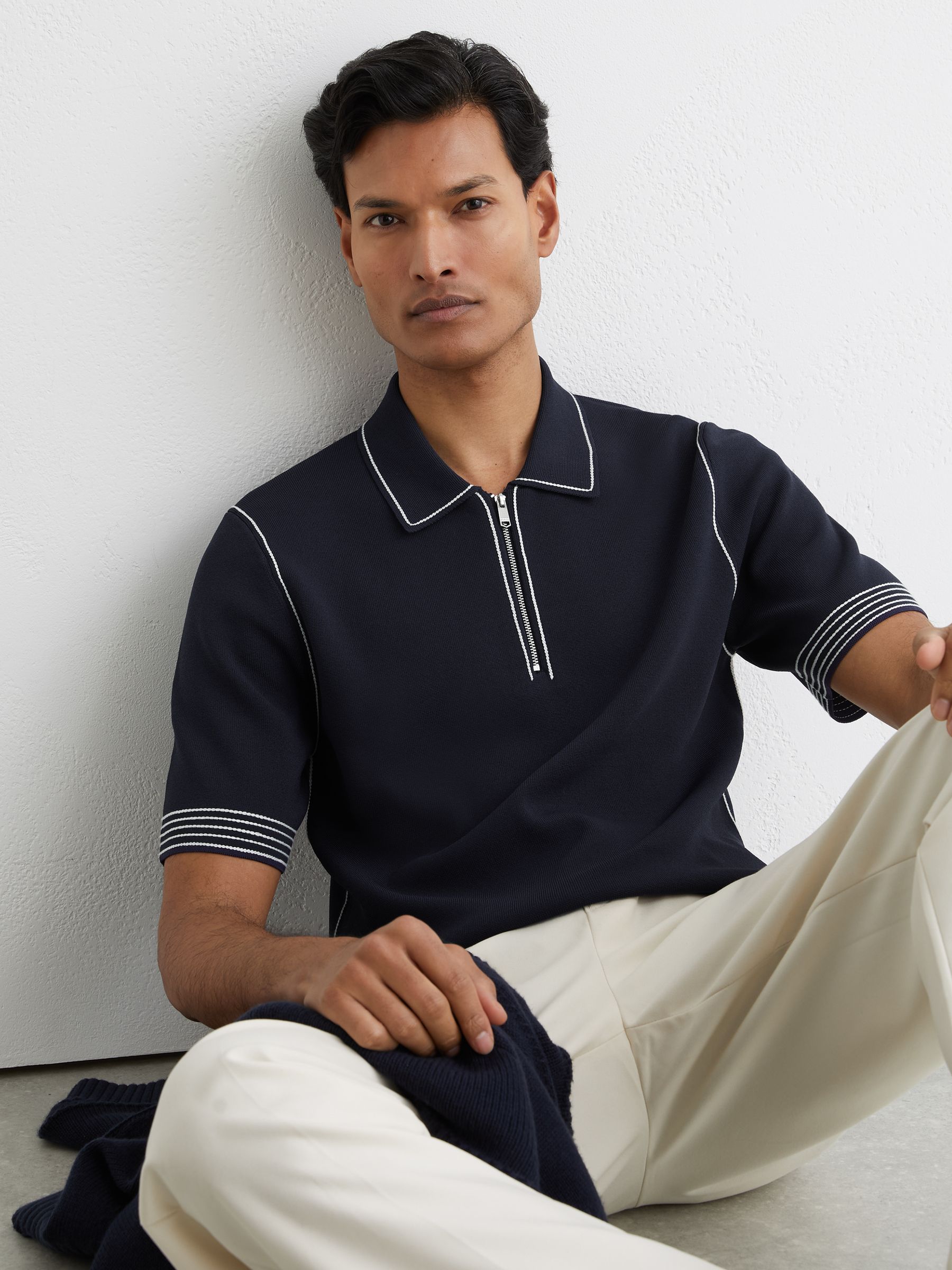 Stitch-Detail Half-Zip Polo Shirt in Navy - image 5