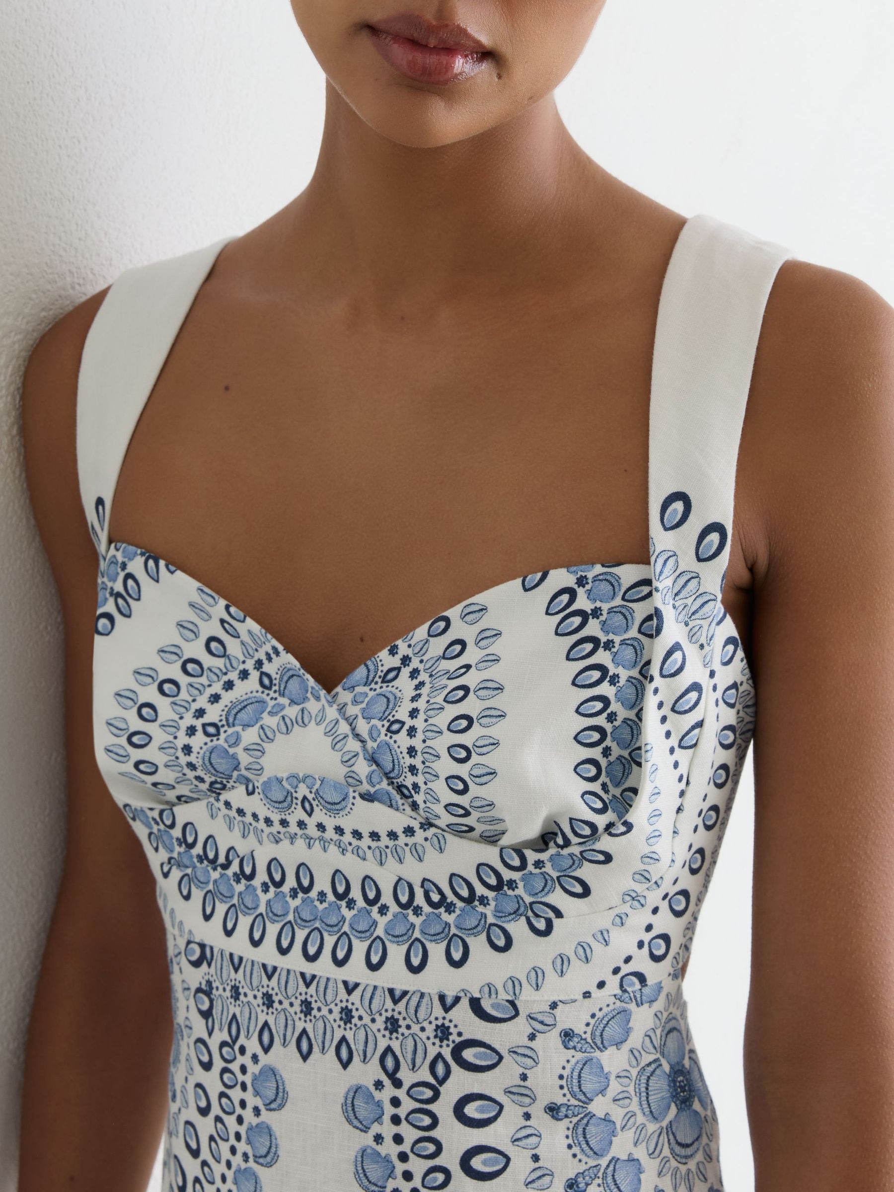 Linen Floral-Print Midi Dress in Ivory/Blue - image 5