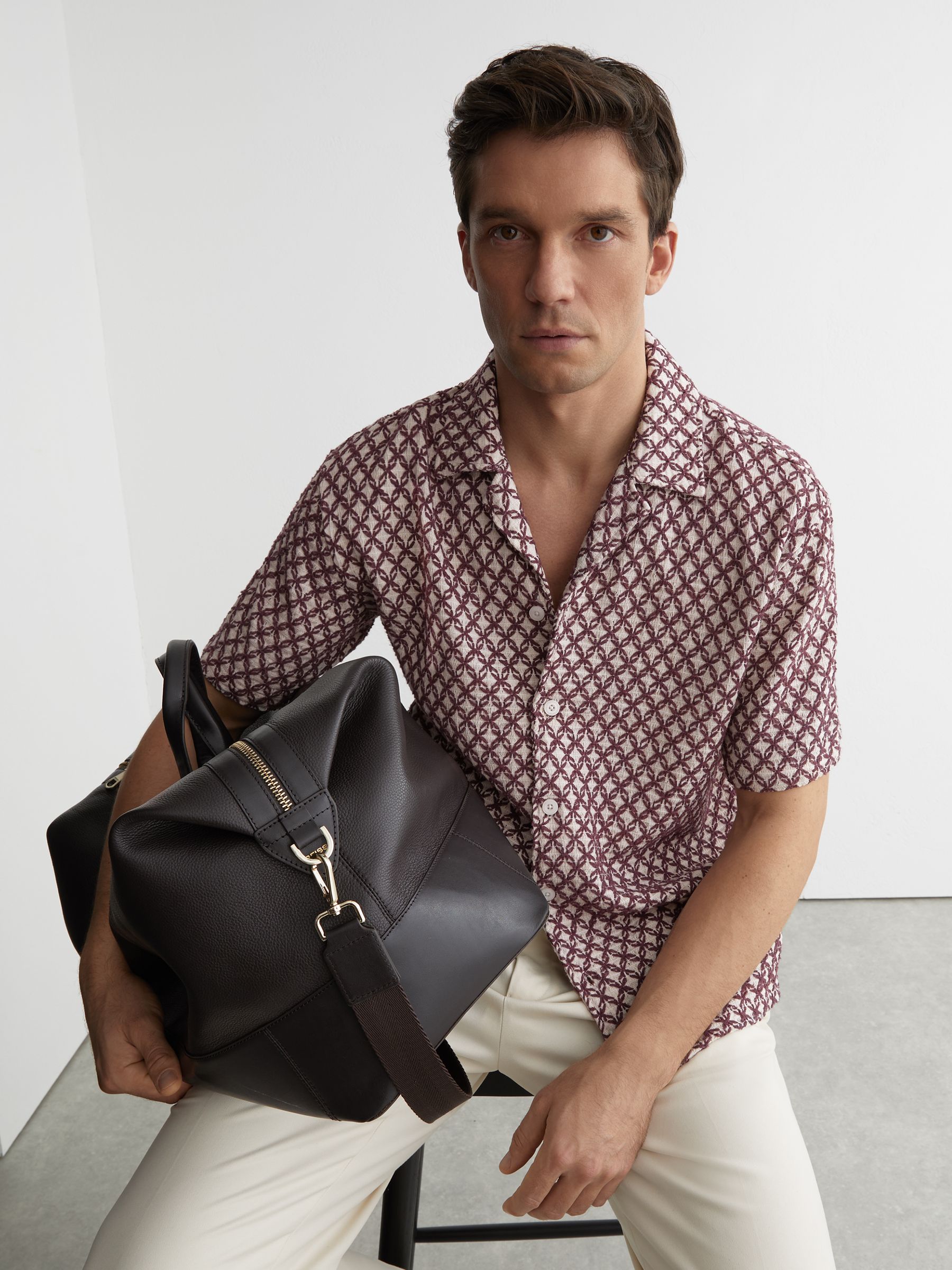 Cotton-Blend Embroidered Crochet Shirt in Rust Red - Image 1 of 7 Cotton-Blend Embroidered Crochet Shirt in Rust Red - Image 1 of 7