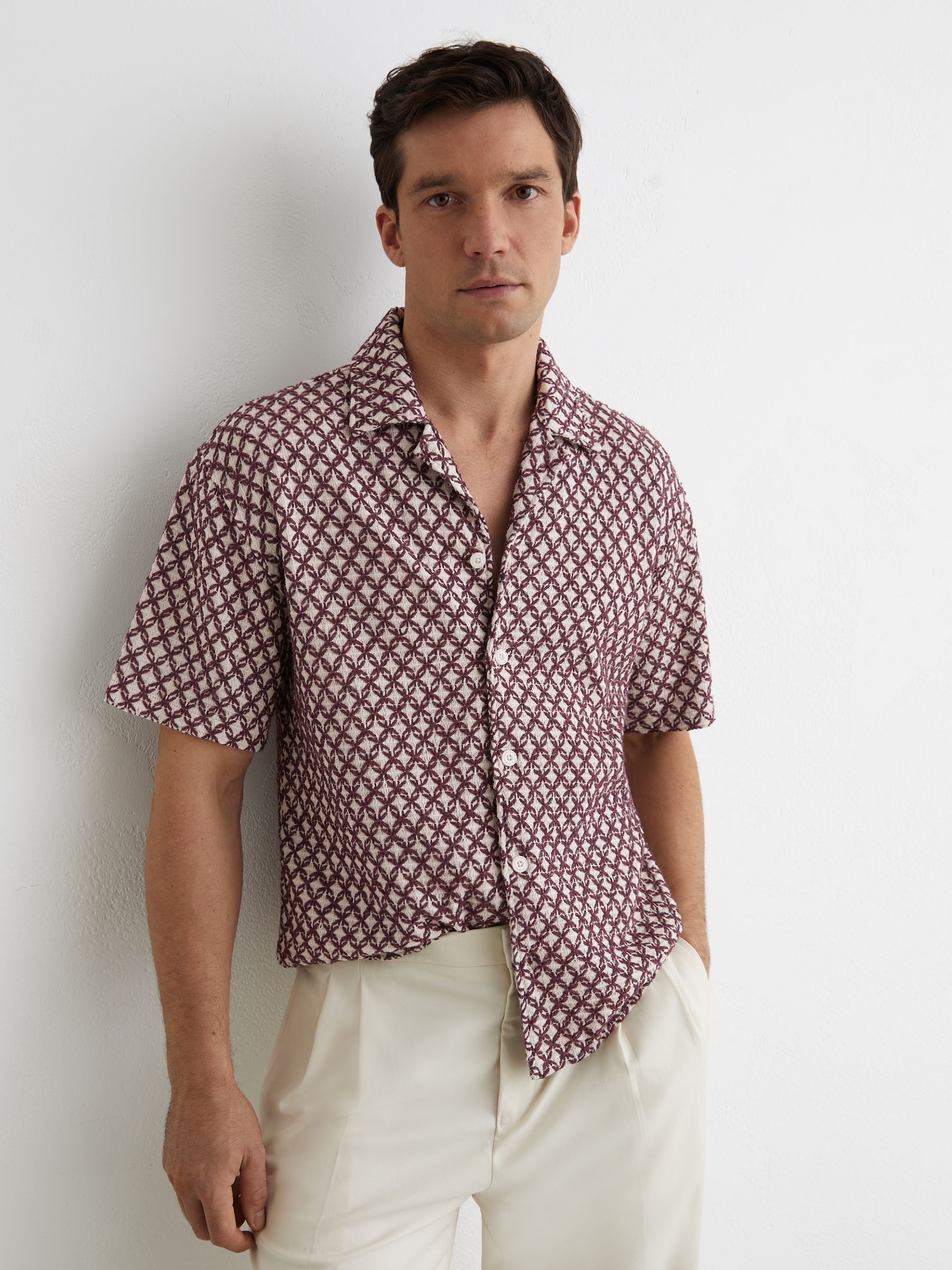 Cotton-Blend Embroidered Crochet Shirt in Rust Red - Image 5 of 7