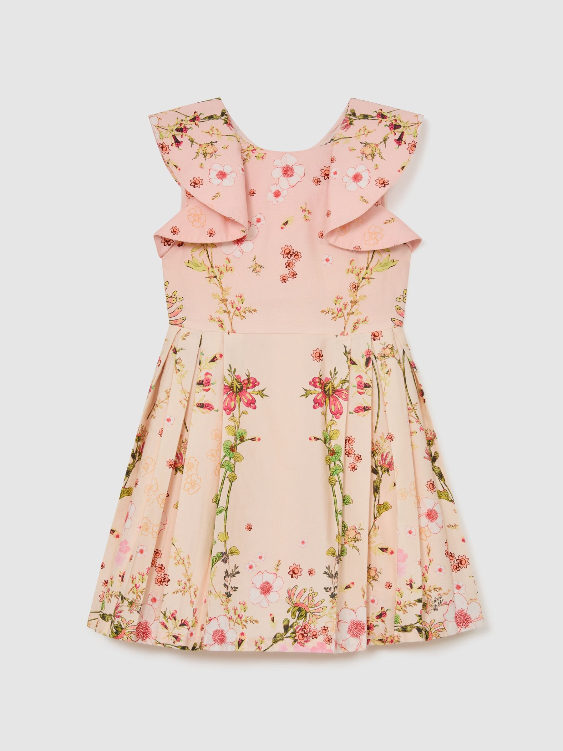 3-9 yrs Cotton Floral-Print Frill-Sleeve Dress in Pink Print - Image 1 of 3