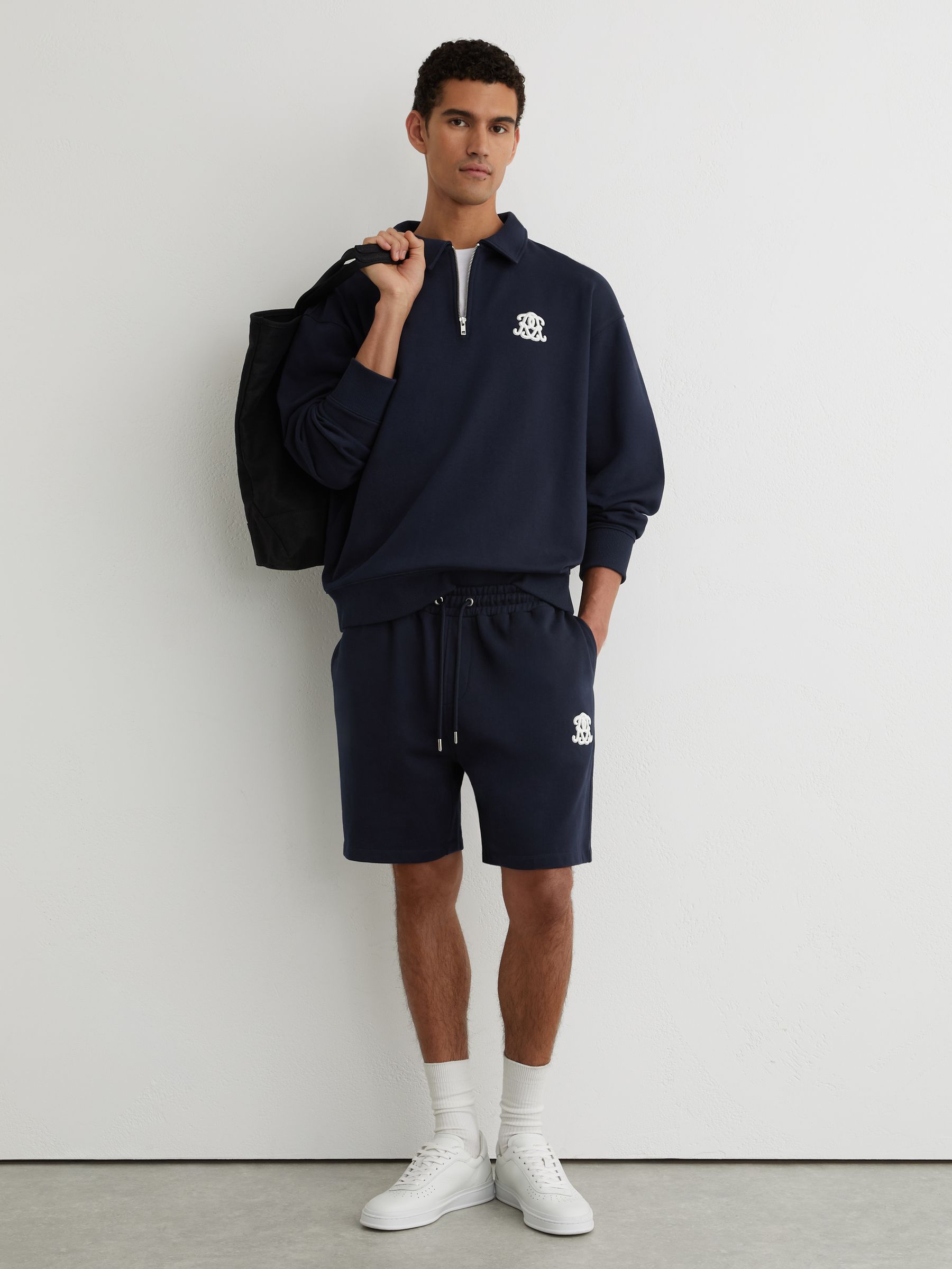Monogram Embroidered Cotton Shorts in Navy - image 2