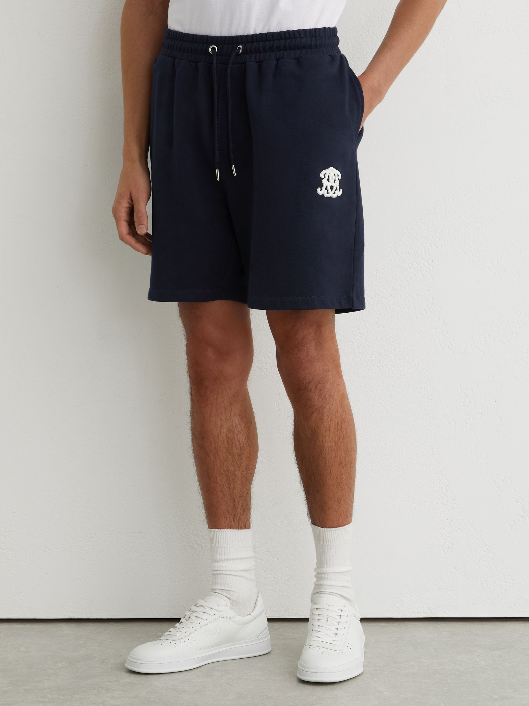 Monogram Embroidered Cotton Shorts in Navy - Image 3 of 6