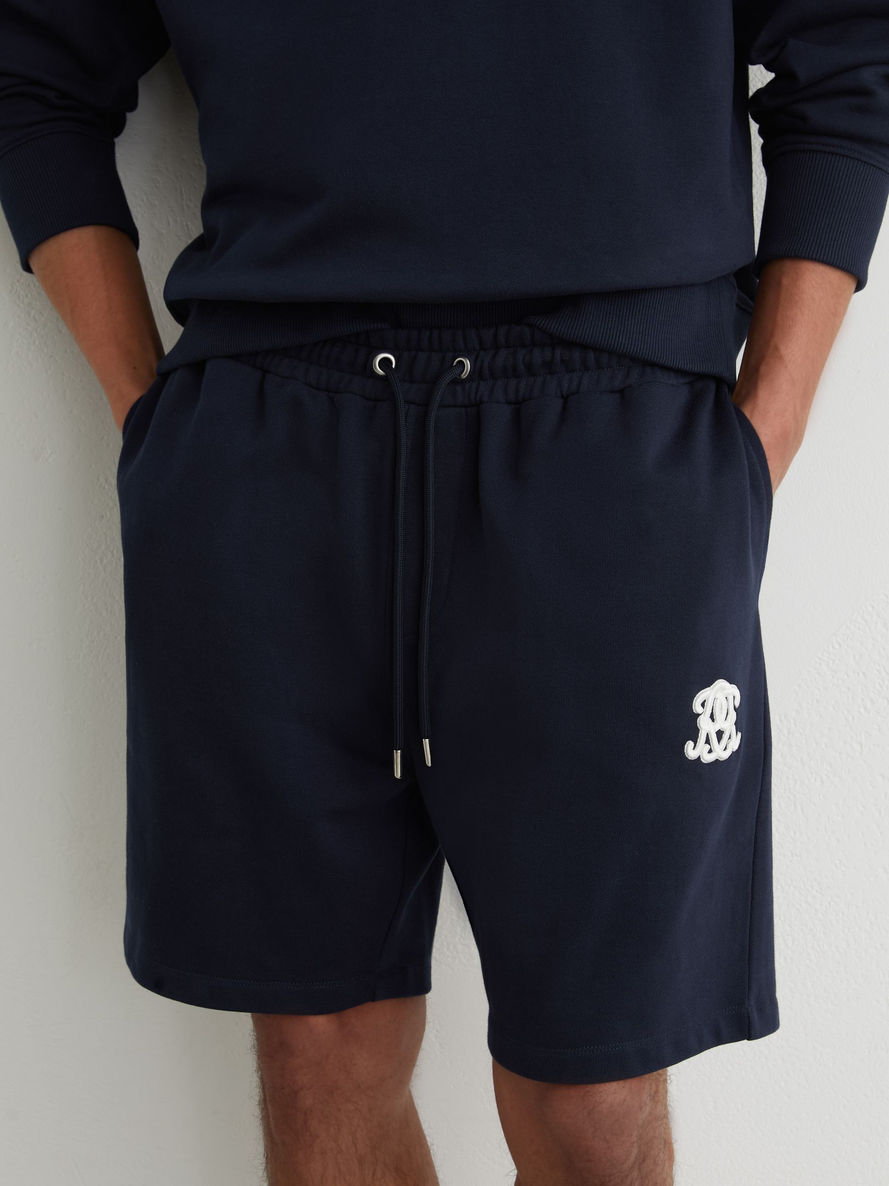Monogram Embroidered Cotton Shorts in Navy - Image 4 of 6