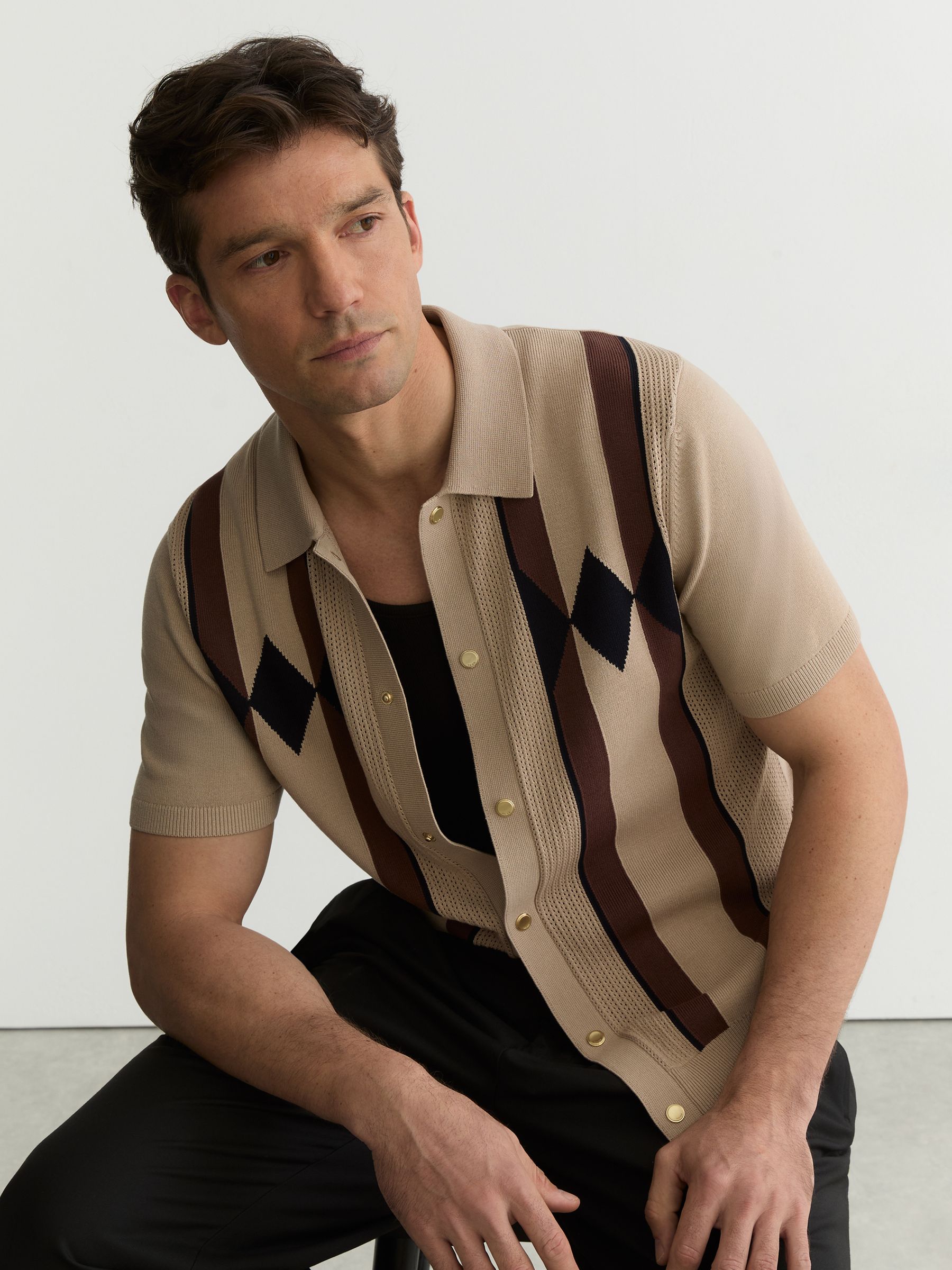 Argyle-Knit Press-Stud Polo Shirt in Camel Brown - Image 1 of 7