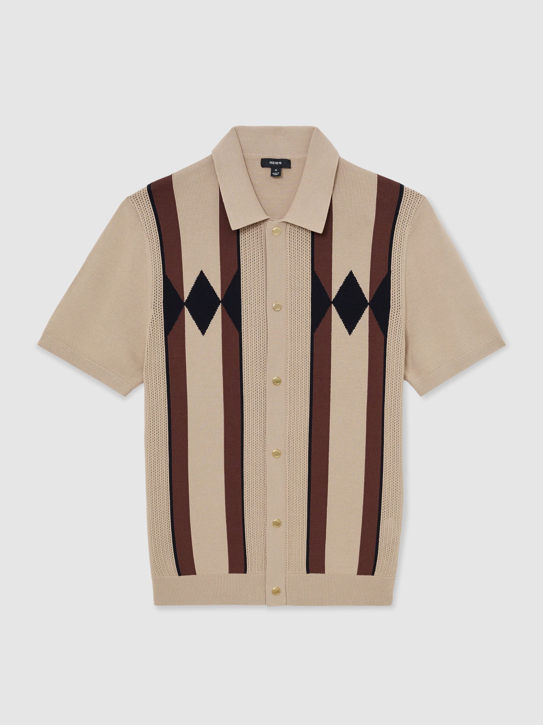 Argyle-Knit Press-Stud Polo Shirt in Camel Brown - Image 2 of 7