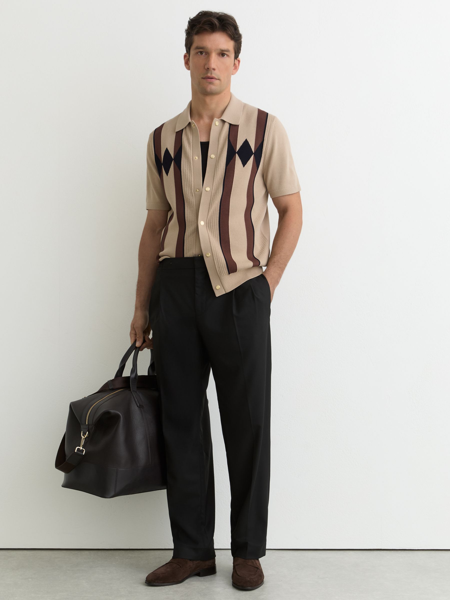 Argyle-Knit Press-Stud Polo Shirt in Camel Brown - Image 3 of 7