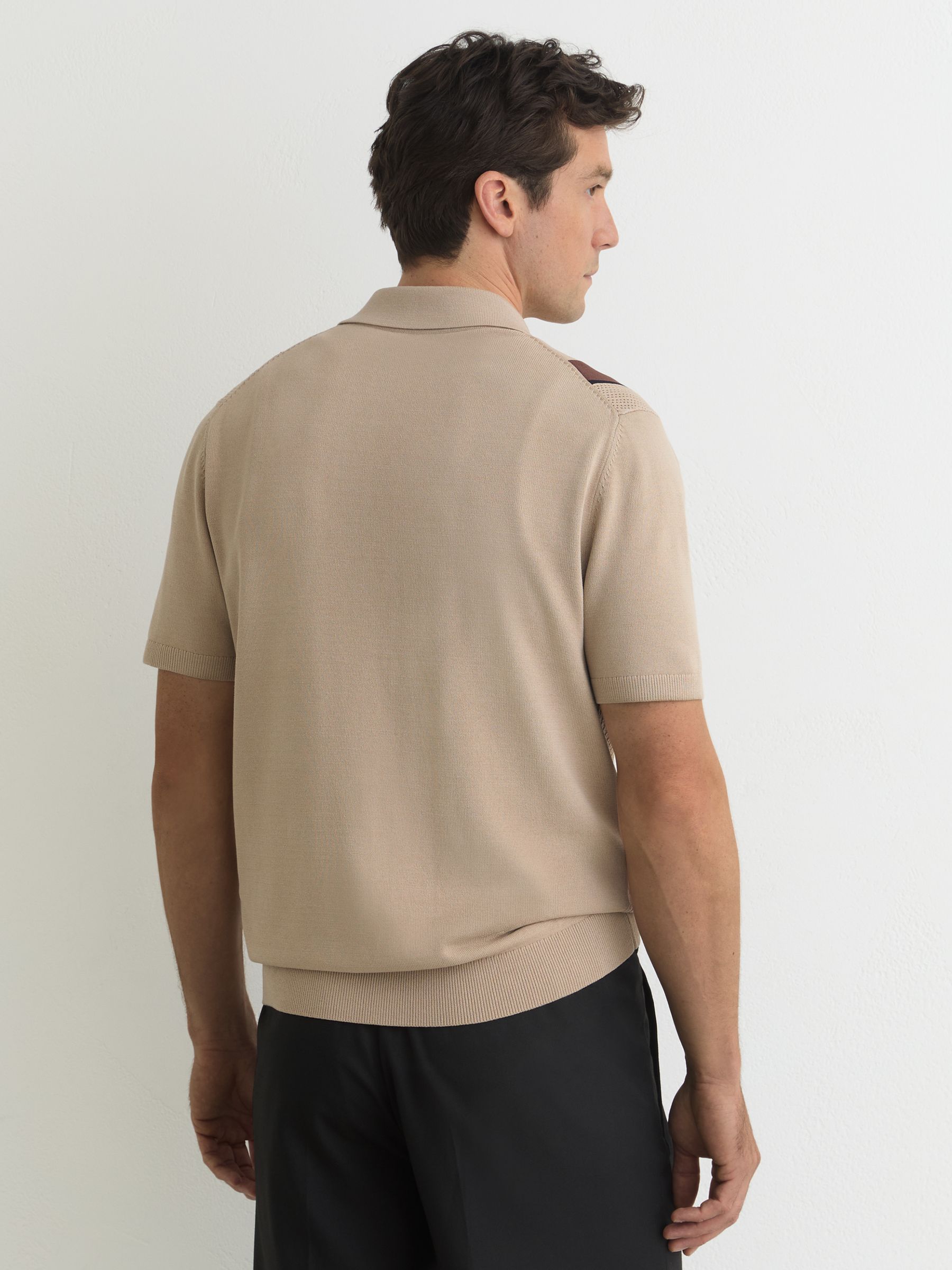 Argyle-Knit Press-Stud Polo Shirt in Camel Brown - Image 5 of 7