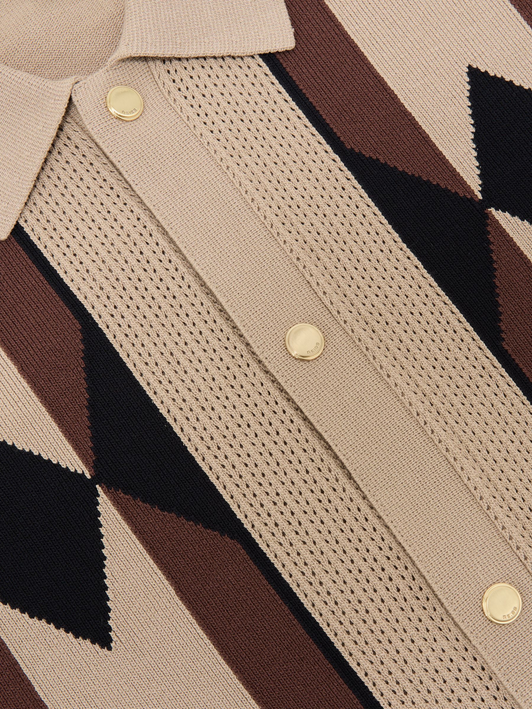 Argyle-Knit Press-Stud Polo Shirt in Camel Brown - image 3