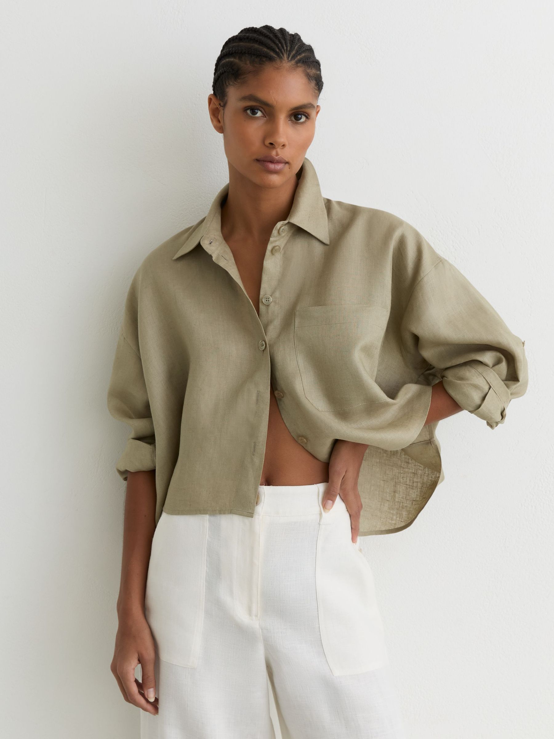 Linen Oversize Cropped Shirt in Green - Image 1 of 7