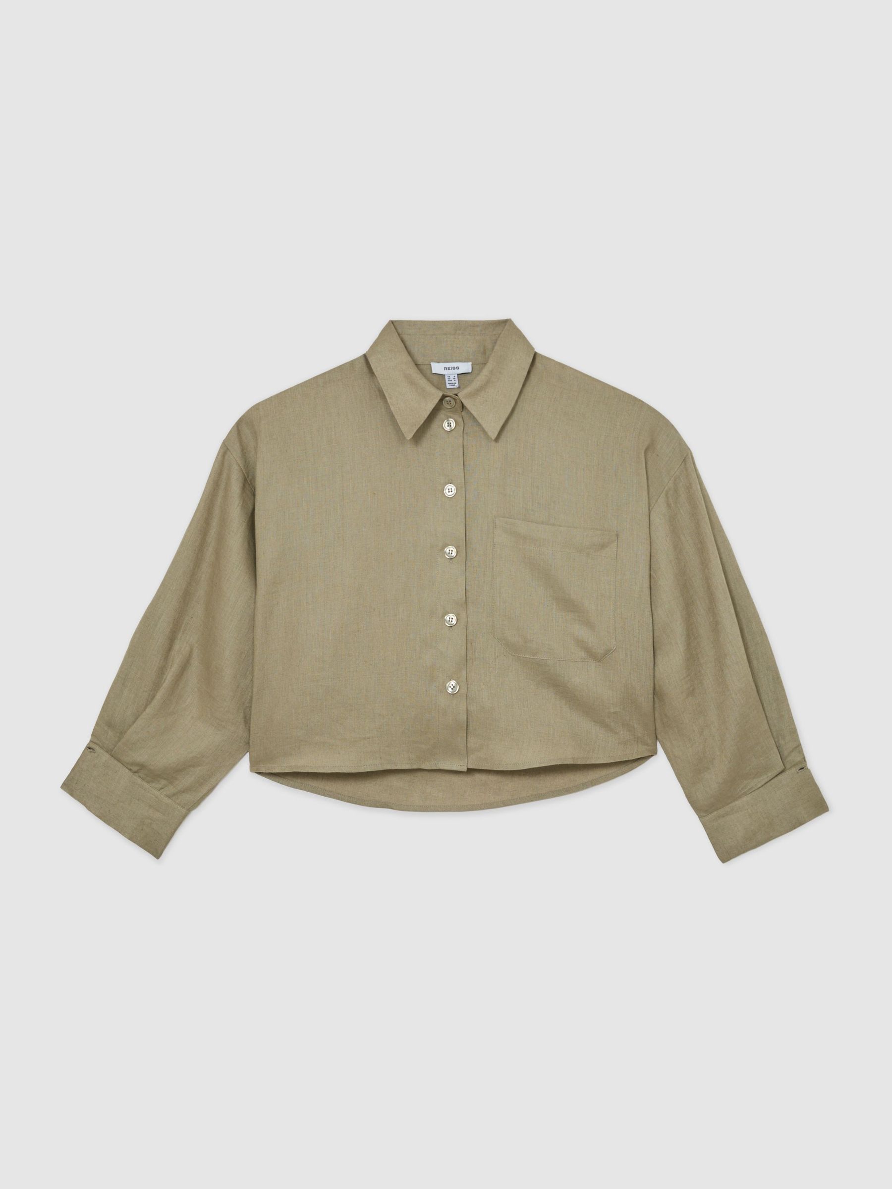 Linen Oversize Cropped Shirt in Green - Image 2 of 7
