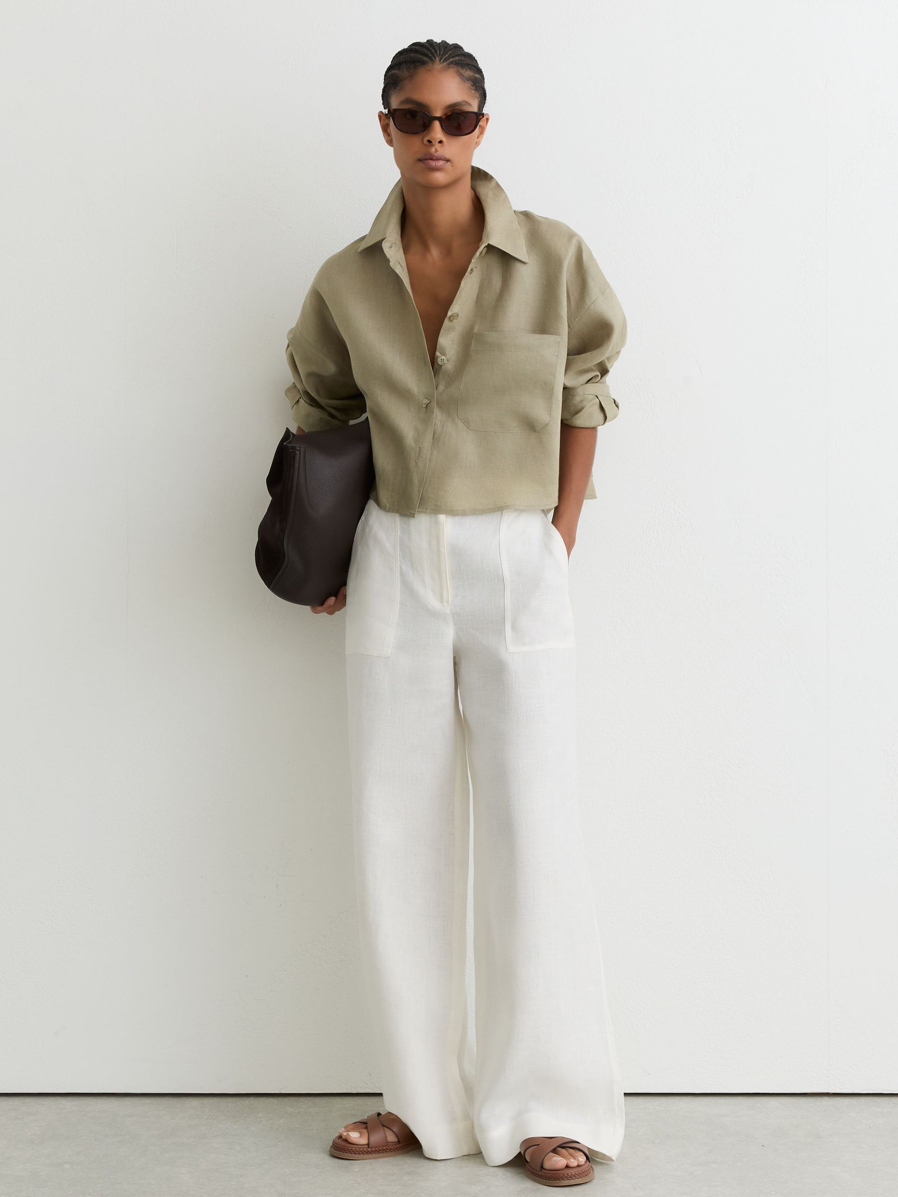 Reiss Linen Oversize Cropped Shirt in Green | REISS
