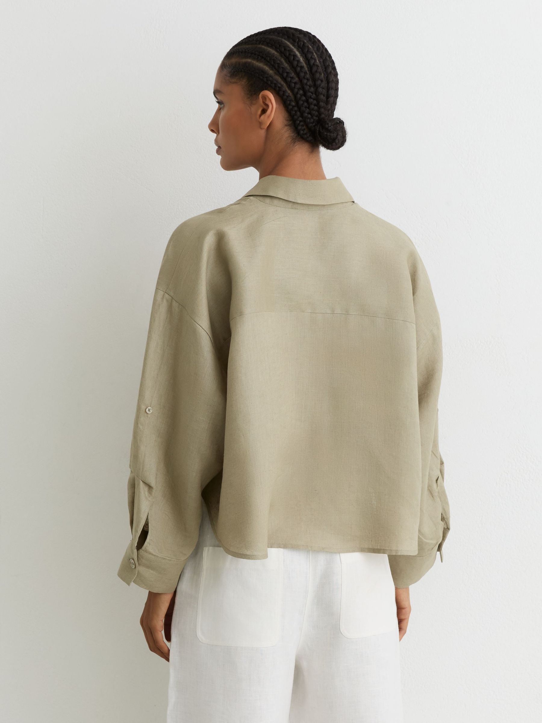 Linen Oversize Cropped Shirt in Green - Image 5 of 7