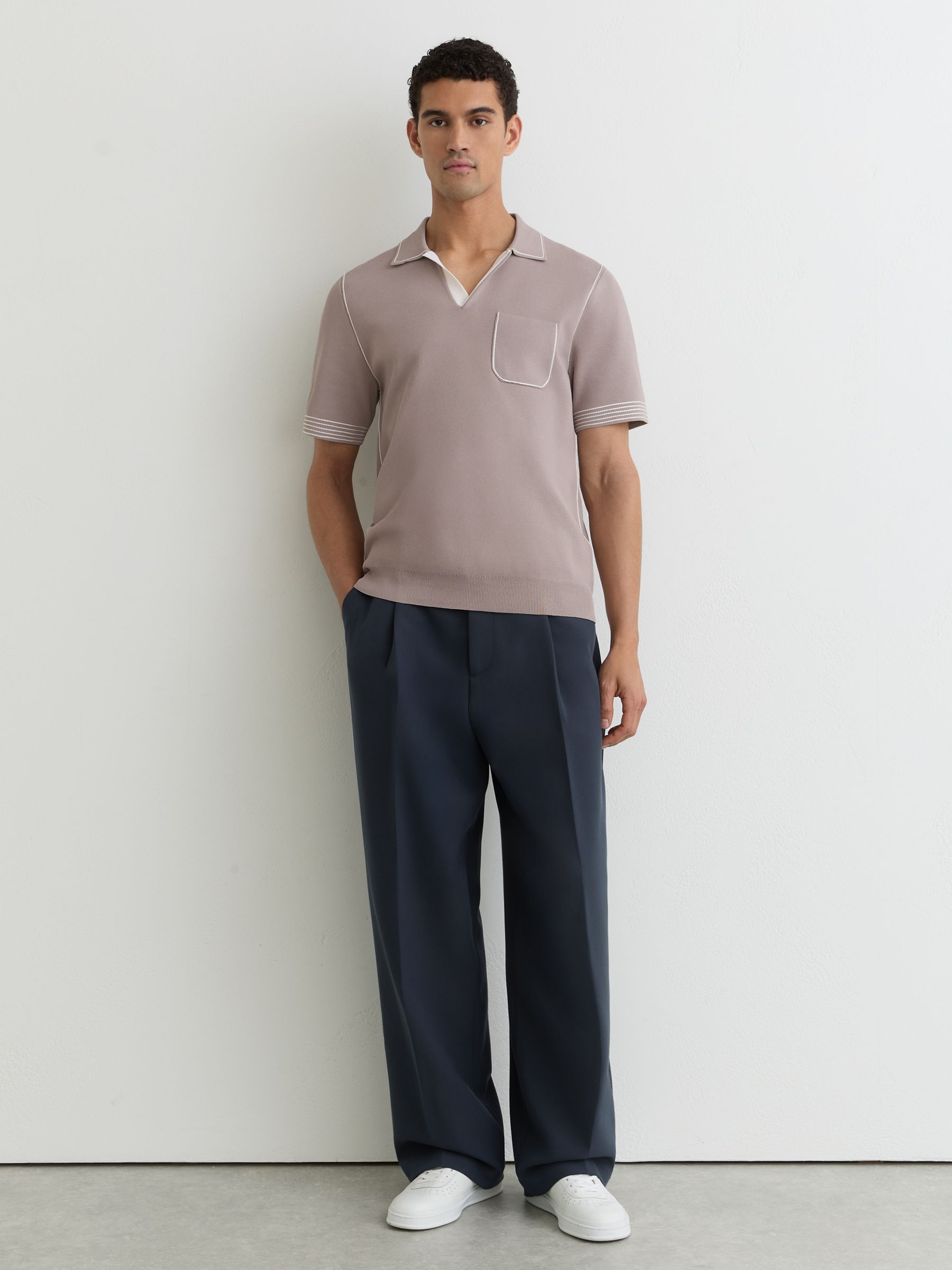 Contrast-Stitch Knitted Polo Shirt in Light Taupe Brown - Image 1 of 6