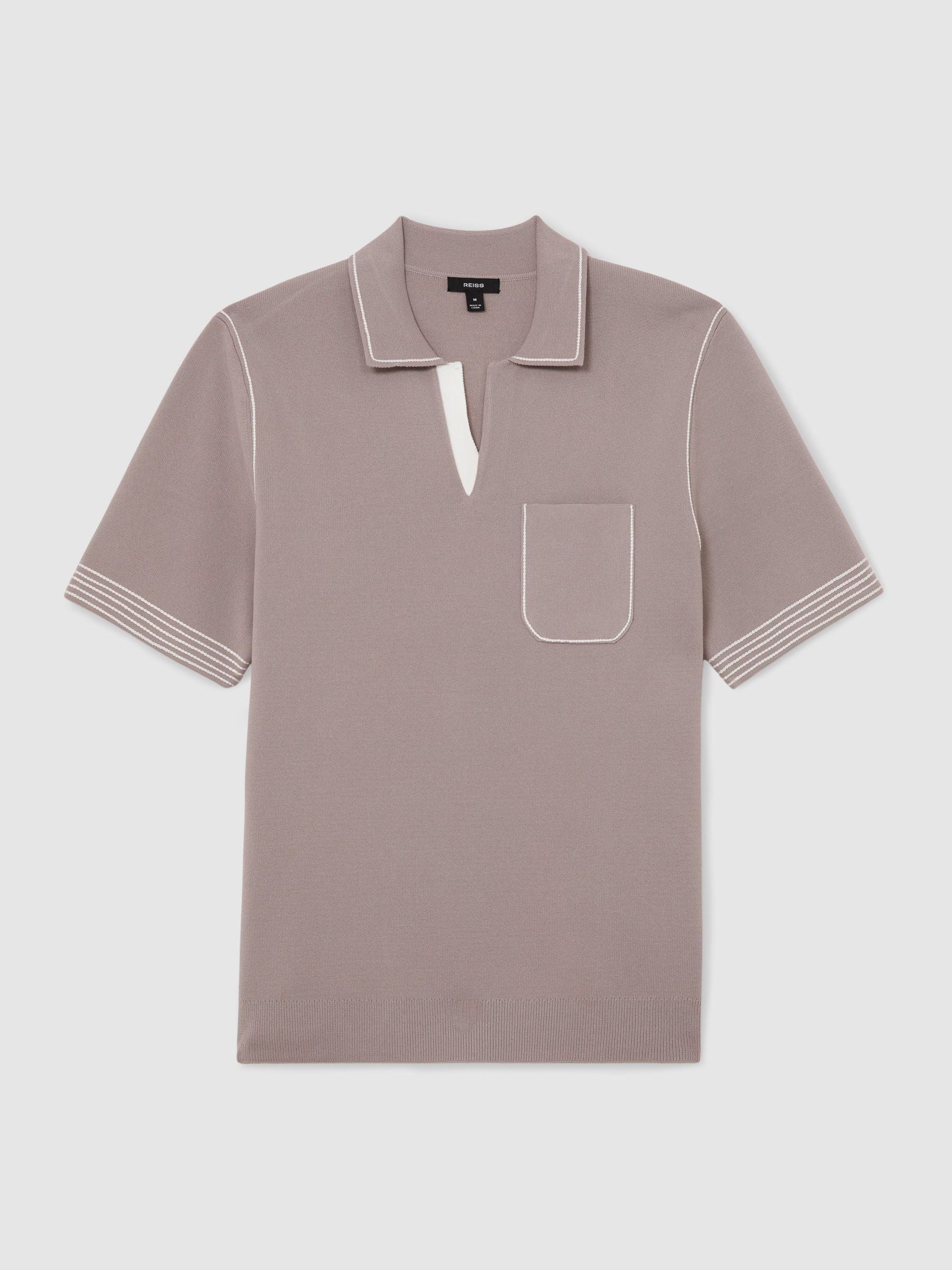 Contrast-Stitch Knitted Polo Shirt in Light Taupe Brown - Image 2 of 6