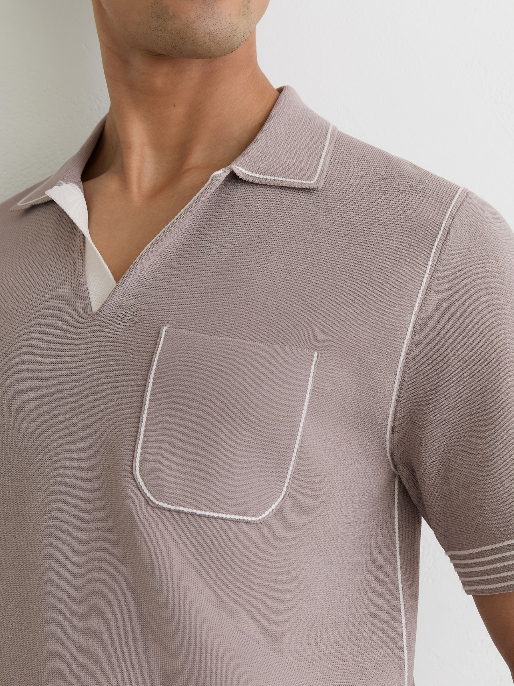 Contrast-Stitch Knitted Polo Shirt in Light Taupe Brown - Image 3 of 6