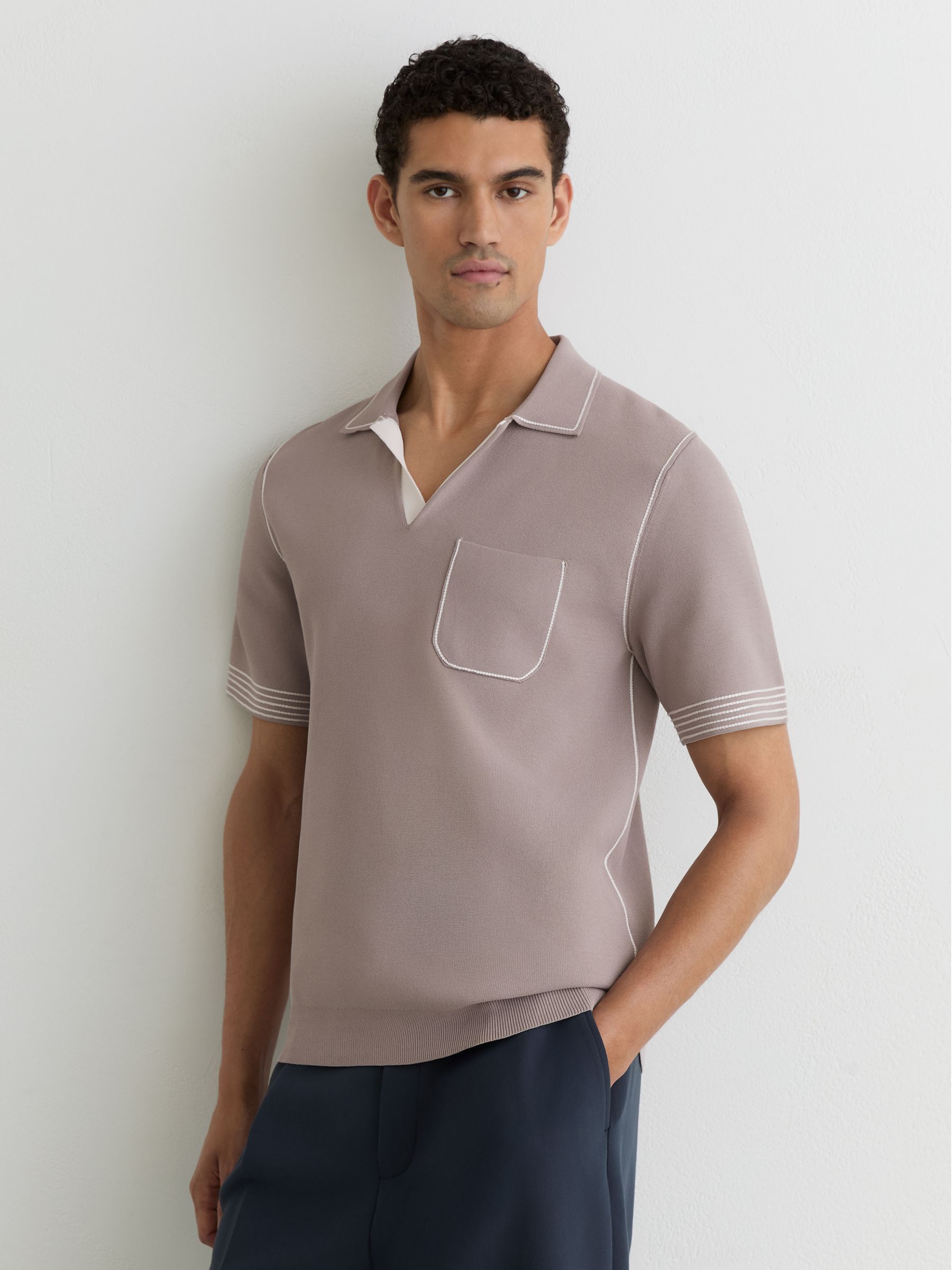 Contrast-Stitch Knitted Polo Shirt in Light Taupe Brown - Image 4 of 6