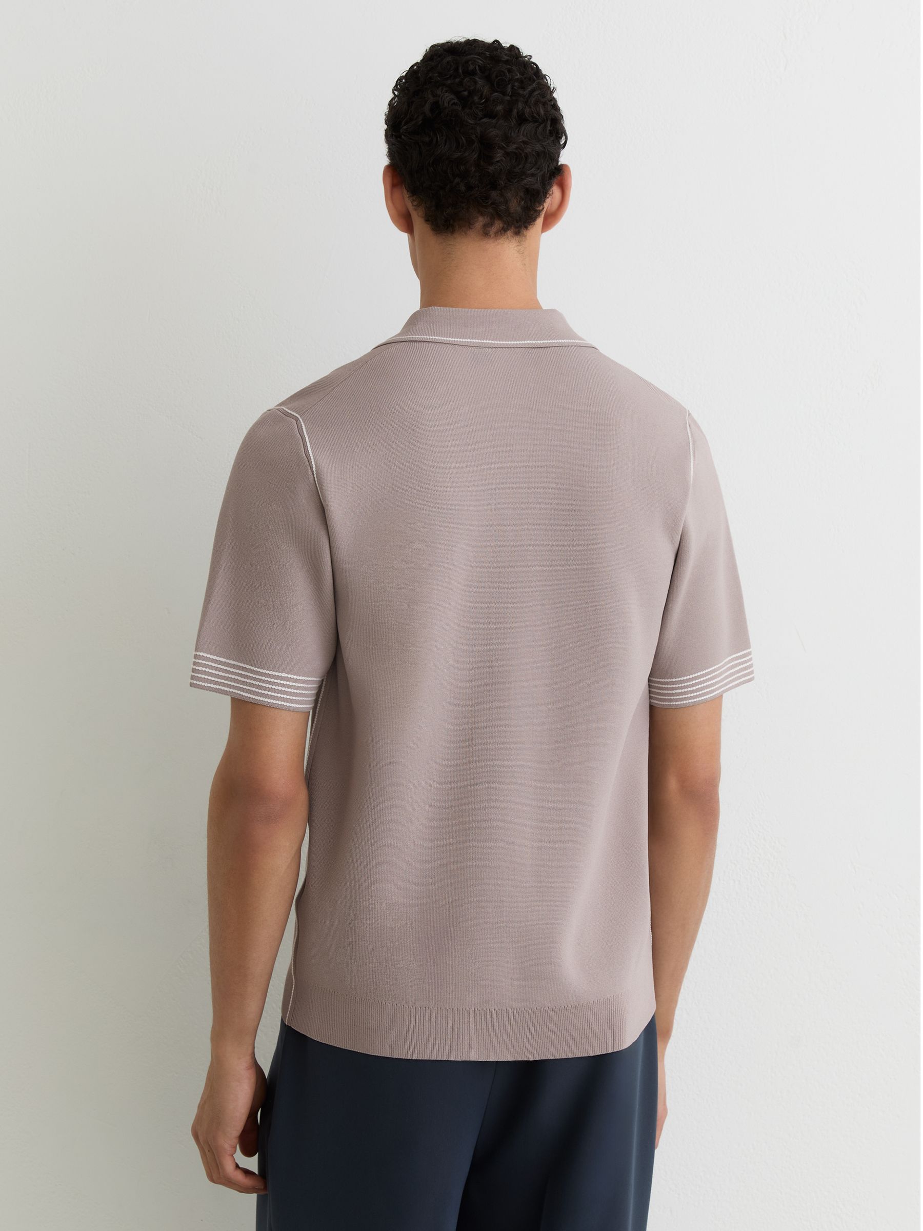 Contrast-Stitch Knitted Polo Shirt in Light Taupe Brown - Image 5 of 6