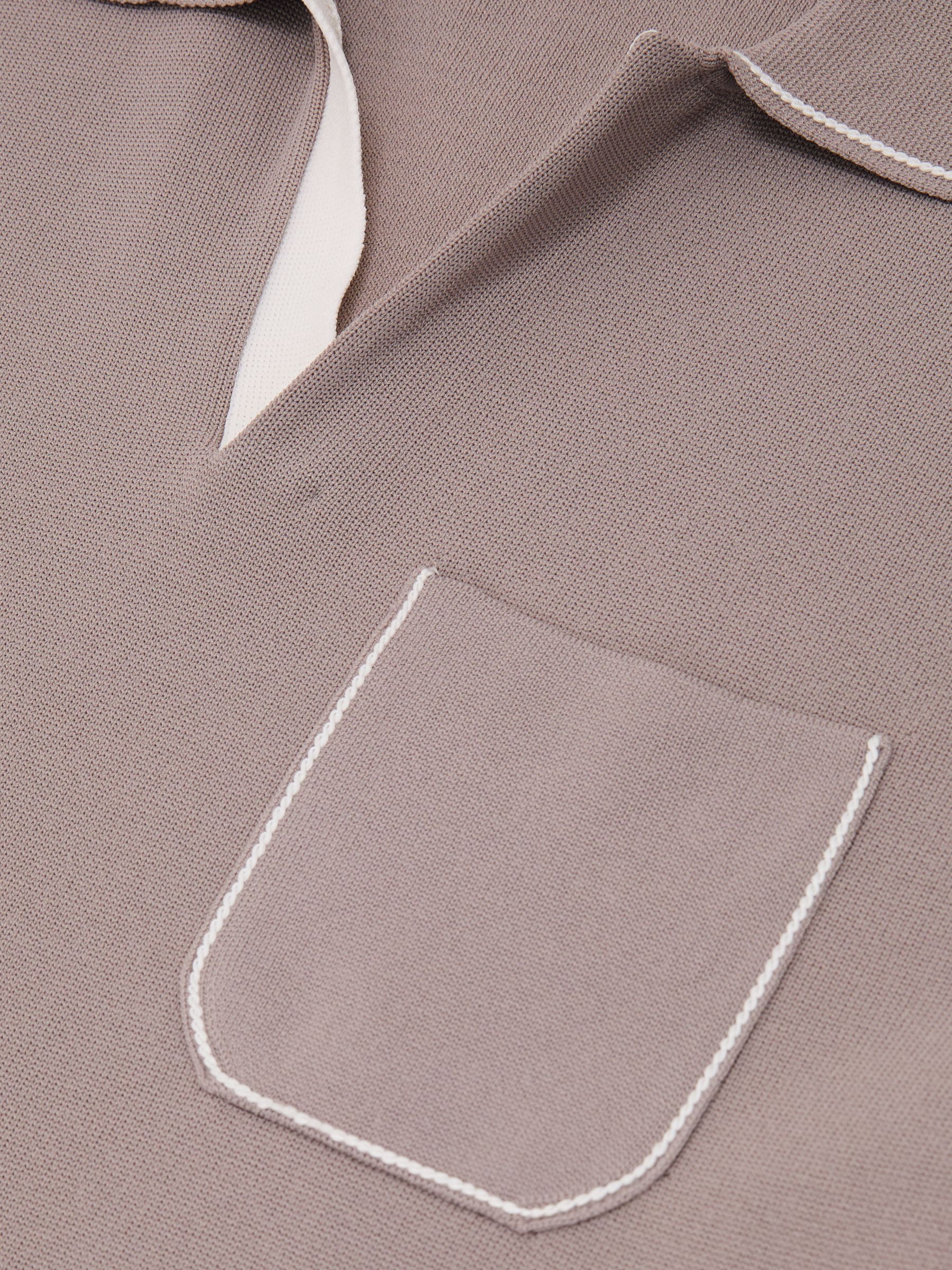 Contrast-Stitch Knitted Polo Shirt in Light Taupe Brown - Image 6 of 6