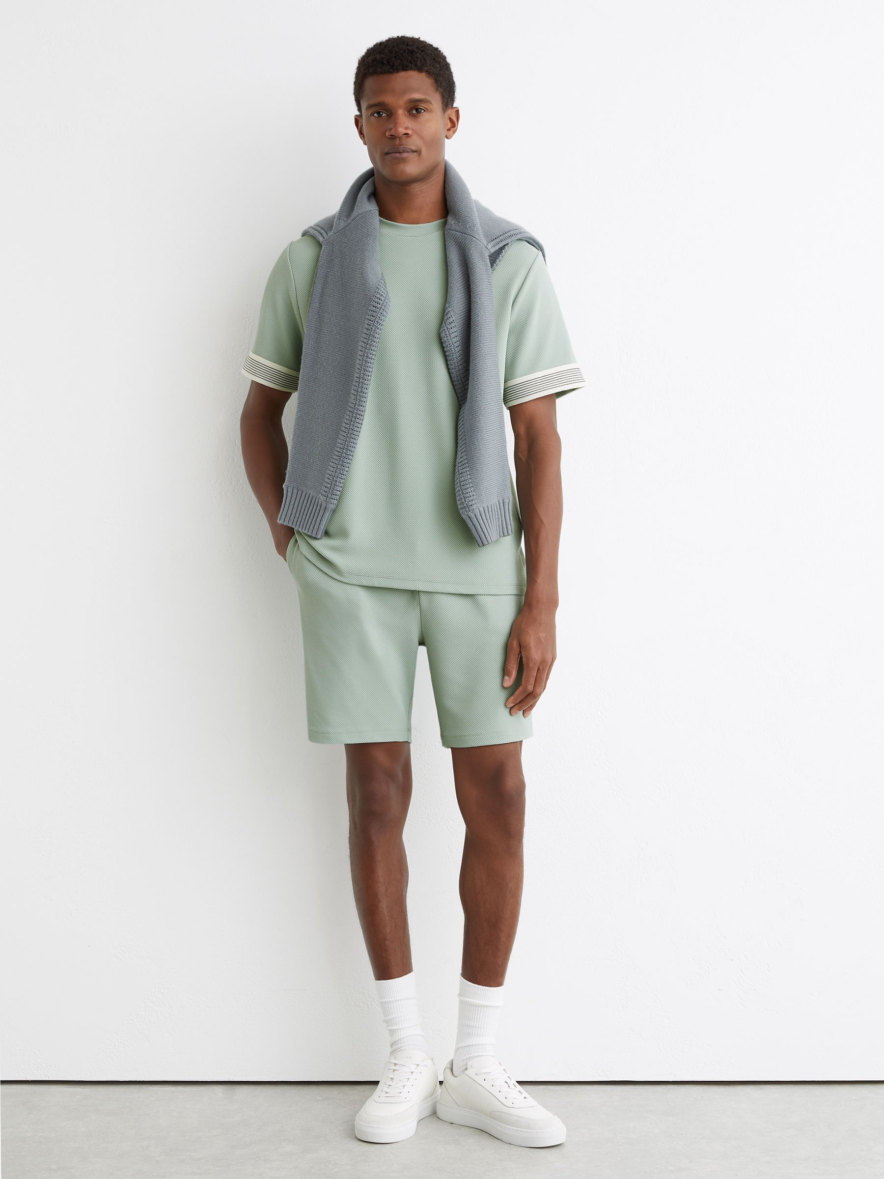 Textured Side-Stripe Drawstring Shorts in Mint Green - Image 1 of 6