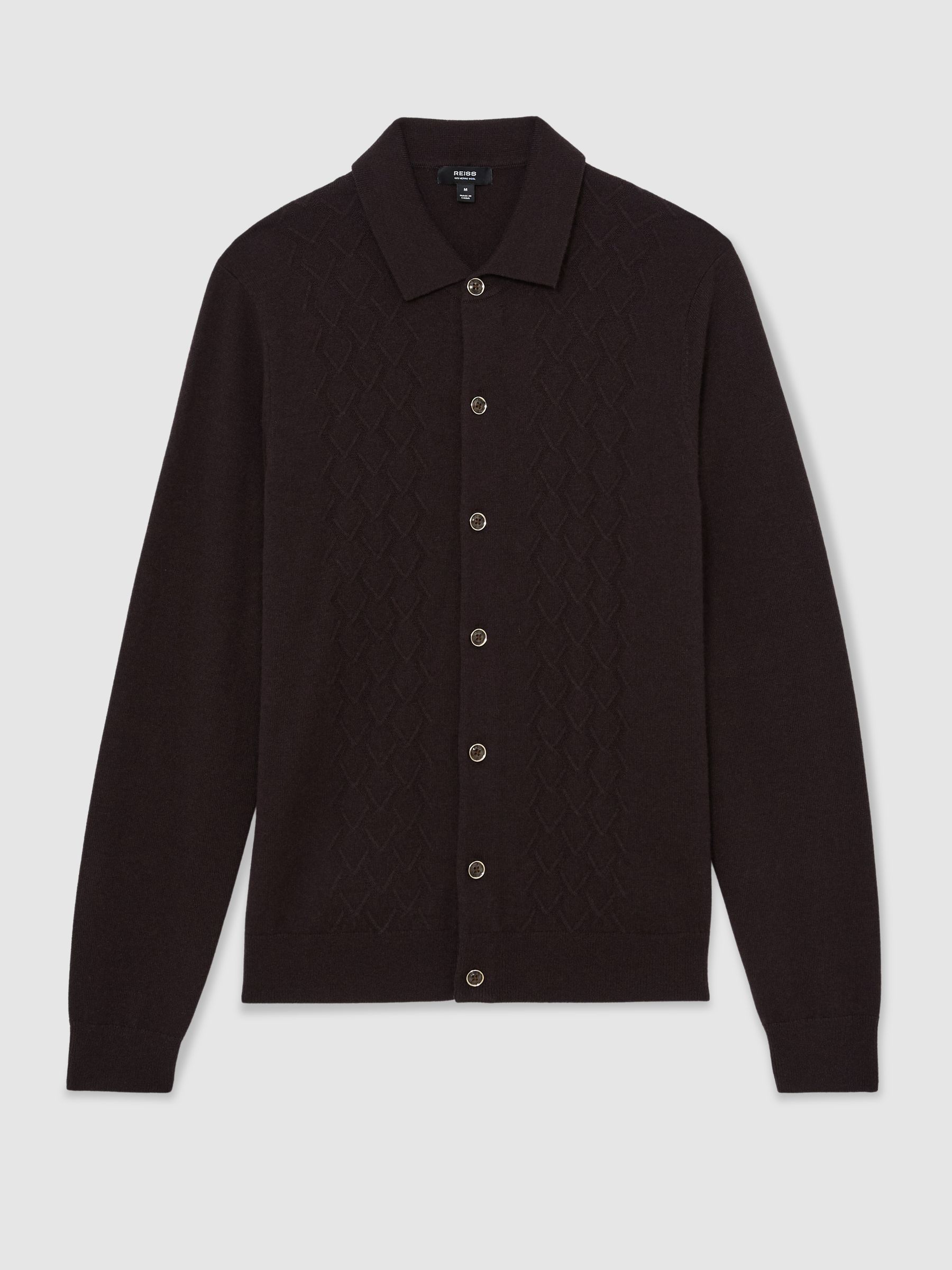 Wool V-Stitch Button-Through Cardigan in Chocolate Brown - image 1