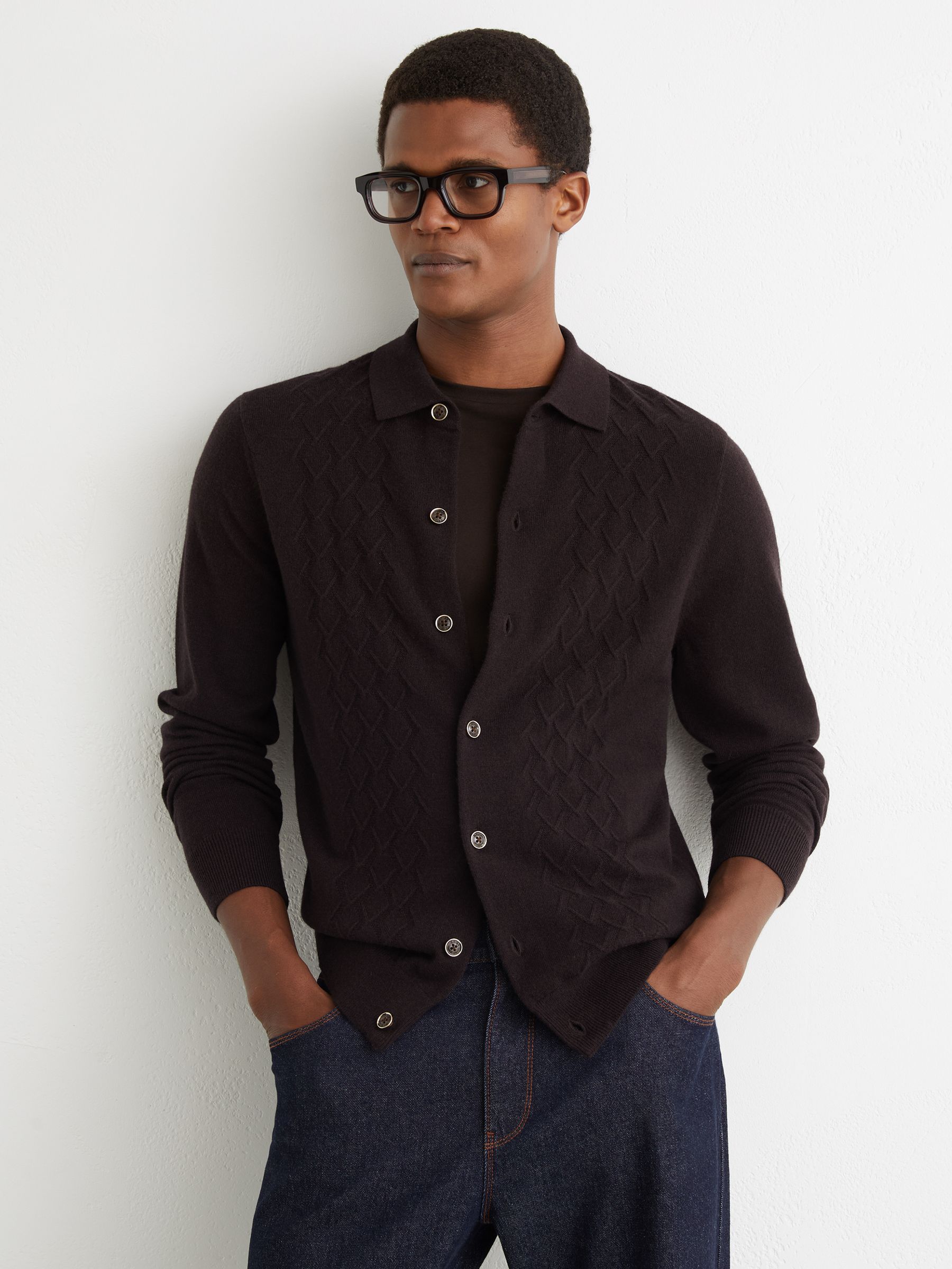 Wool V-Stitch Button-Through Cardigan in Chocolate Brown - image 4