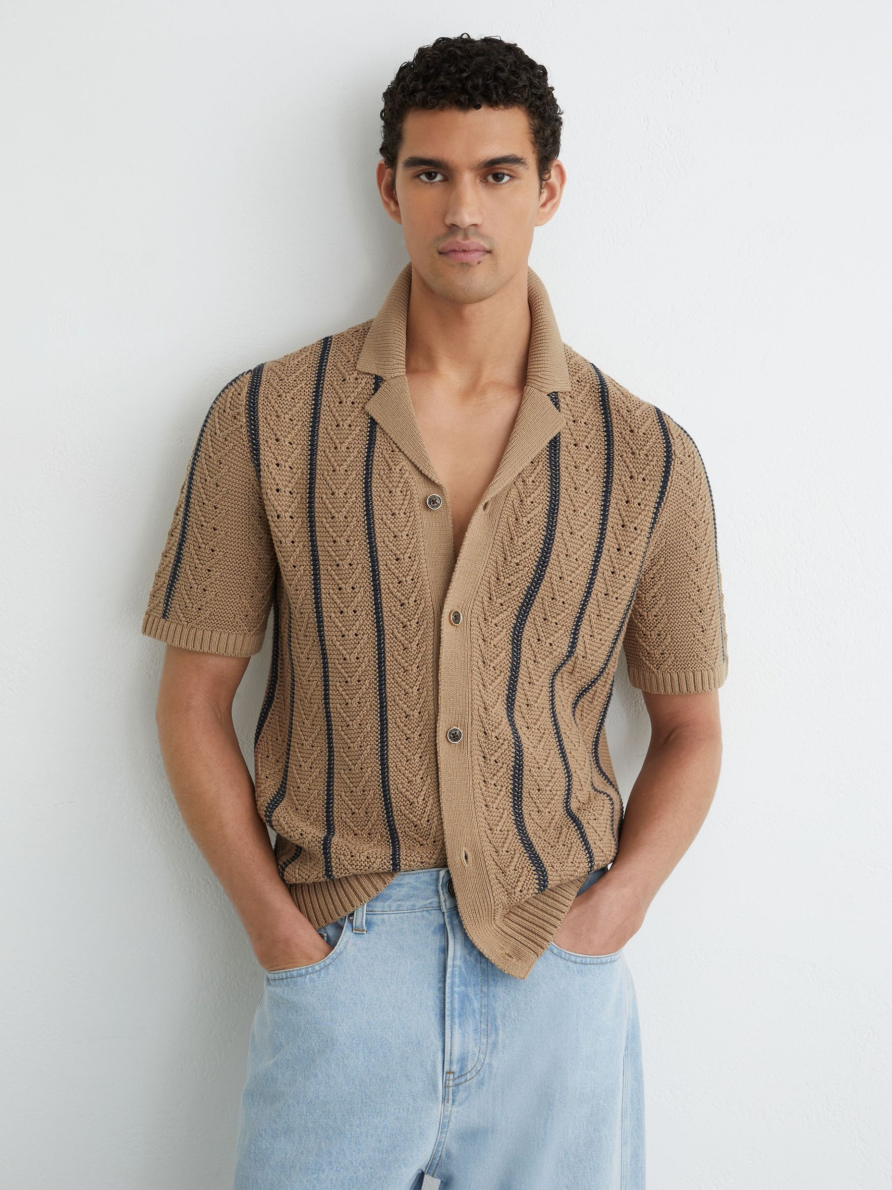 Cotton-Blend Textured-Knit Stripe Shirt in Light Camel - image 2