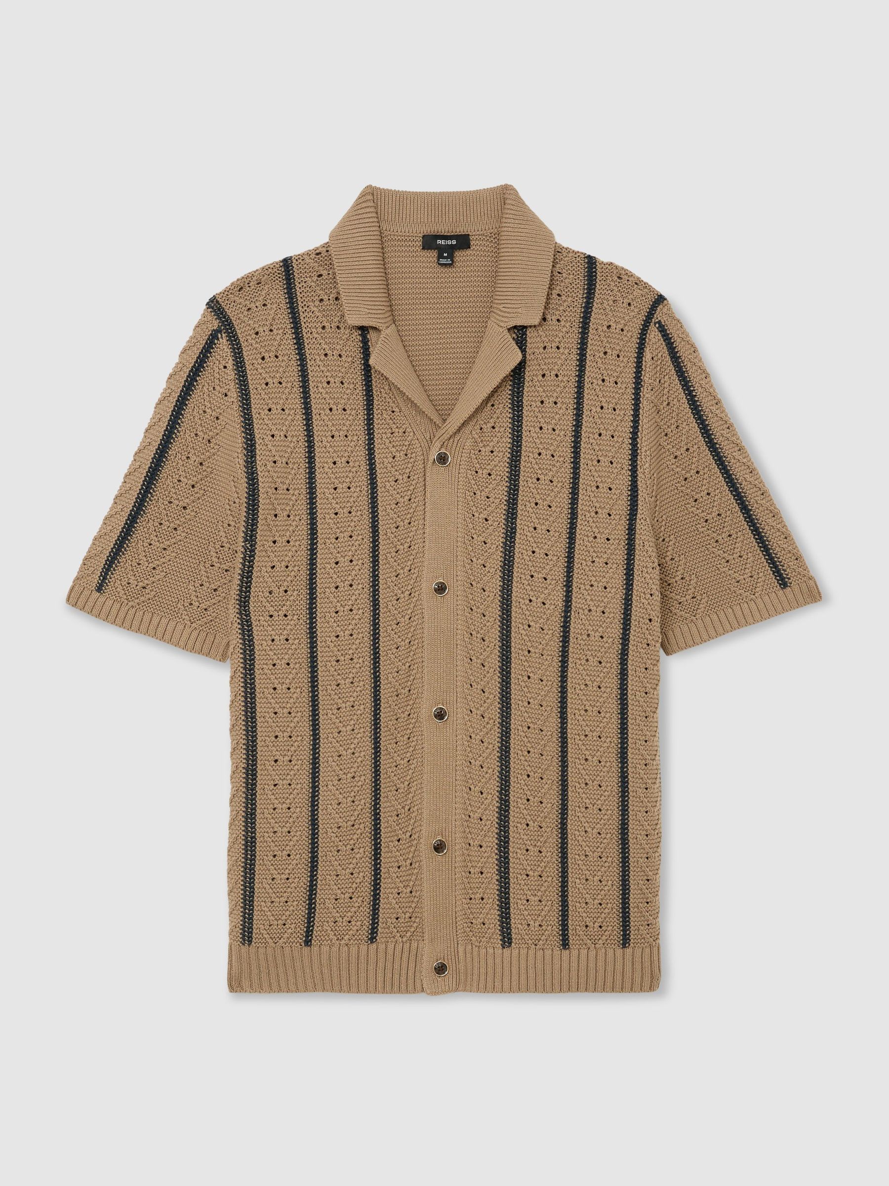 Cotton-Blend Textured-Knit Stripe Shirt in Light Camel - image 1