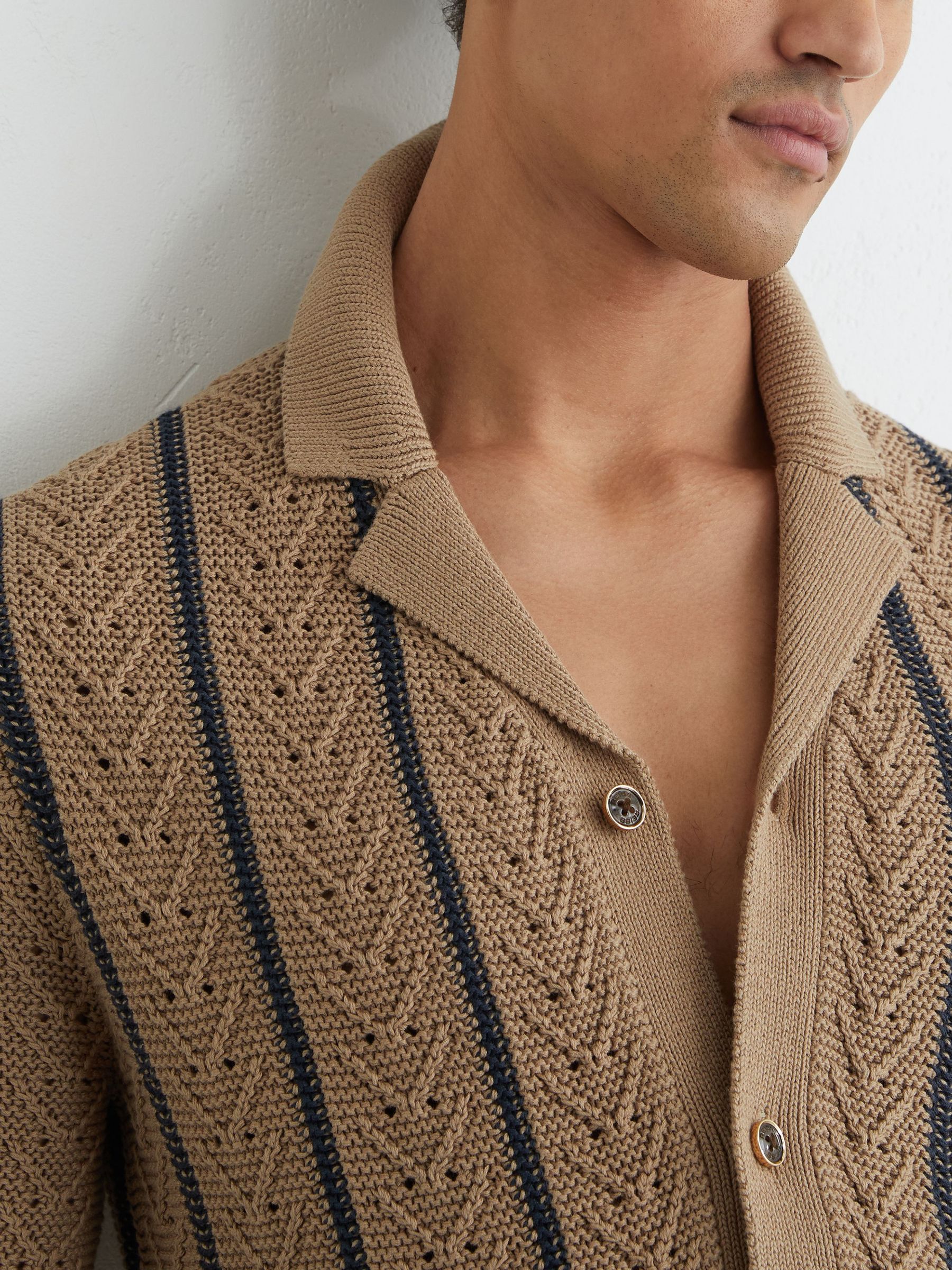 Cotton-Blend Textured-Knit Stripe Shirt in Light Camel - image 5