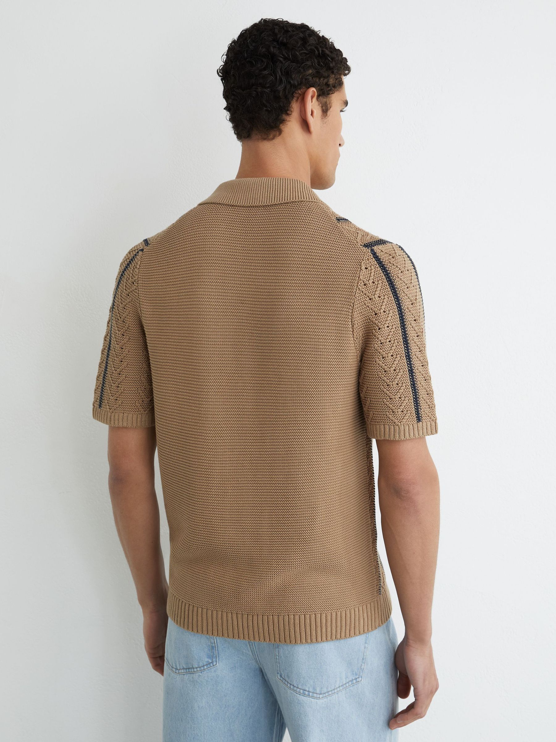 Cotton-Blend Textured-Knit Stripe Shirt in Light Camel - image 4