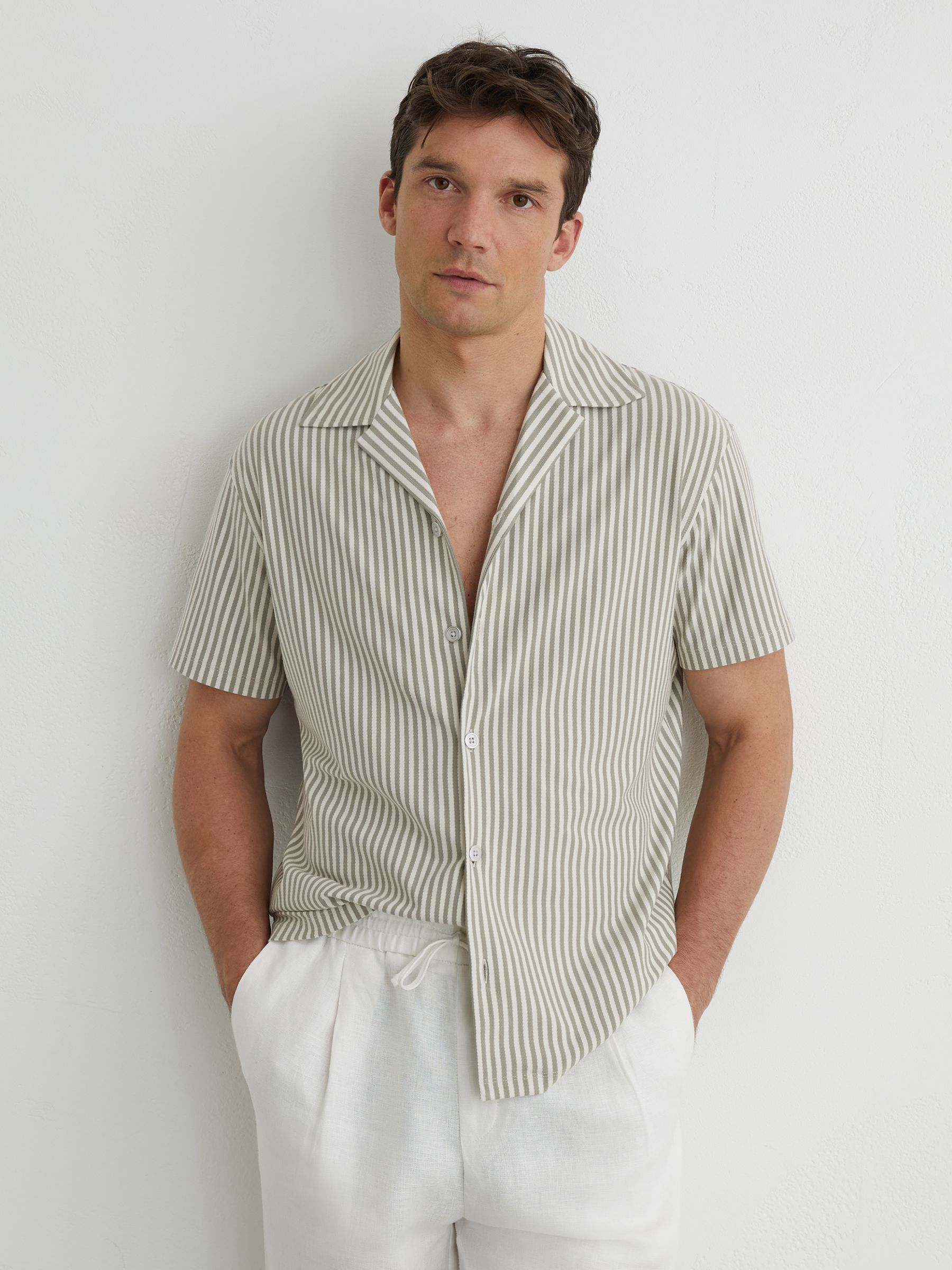 Cotton-Blend Stripe Cuban-Collar Shirt in Soft Sage Green - image 2