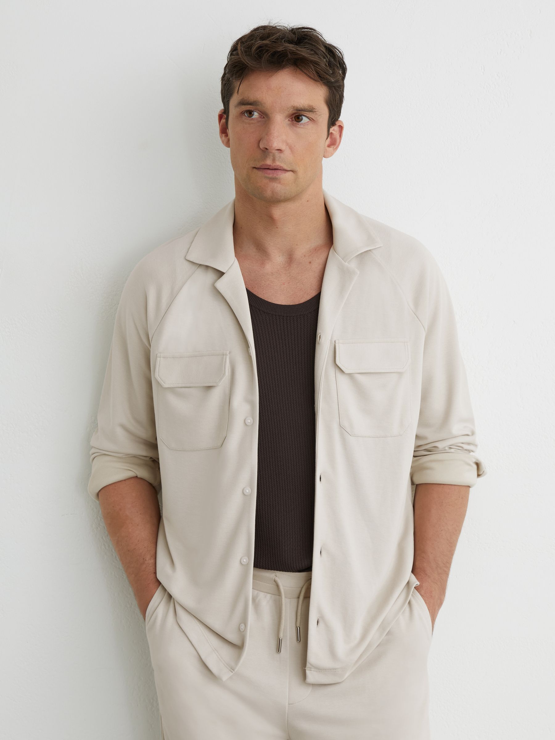 Jersey Twin-Pocket Cuban-Collar Overshirt in Light Stone - Image 1 of 5