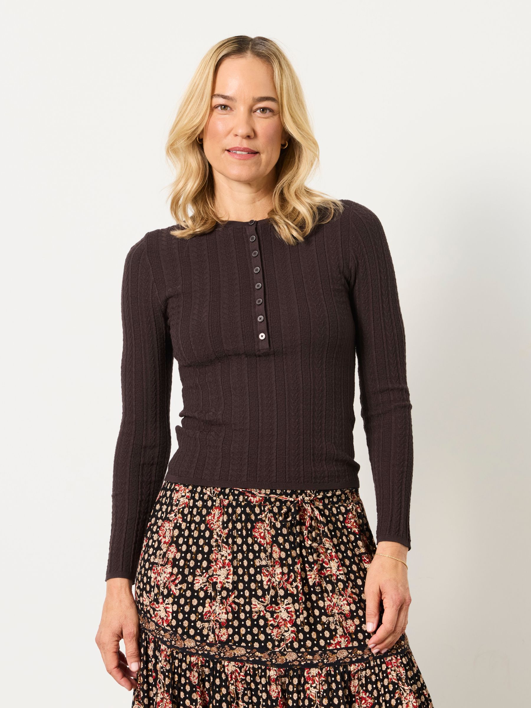 Mae Chocolate Brown Knitted Henley Jumper - Image 3 of 6
