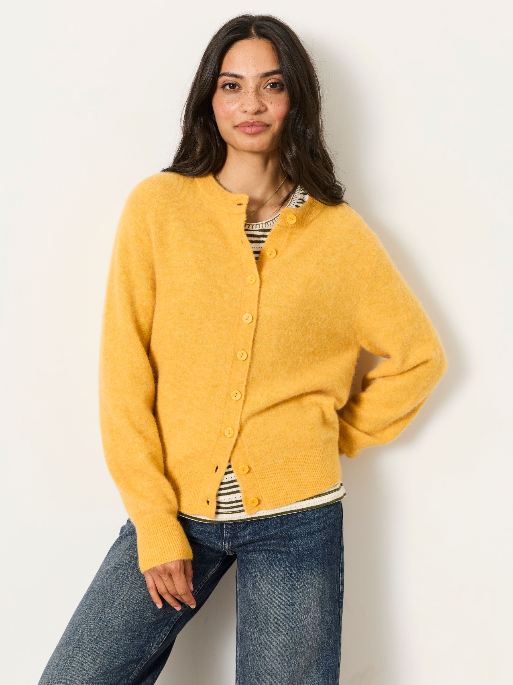 Halle Mustard Yellow Wool Rich Soft Knit Button Front Cardigan - Image 1 of 6 Halle Mustard Yellow Wool Rich Soft Knit Button Front Cardigan - Image 1 of 6